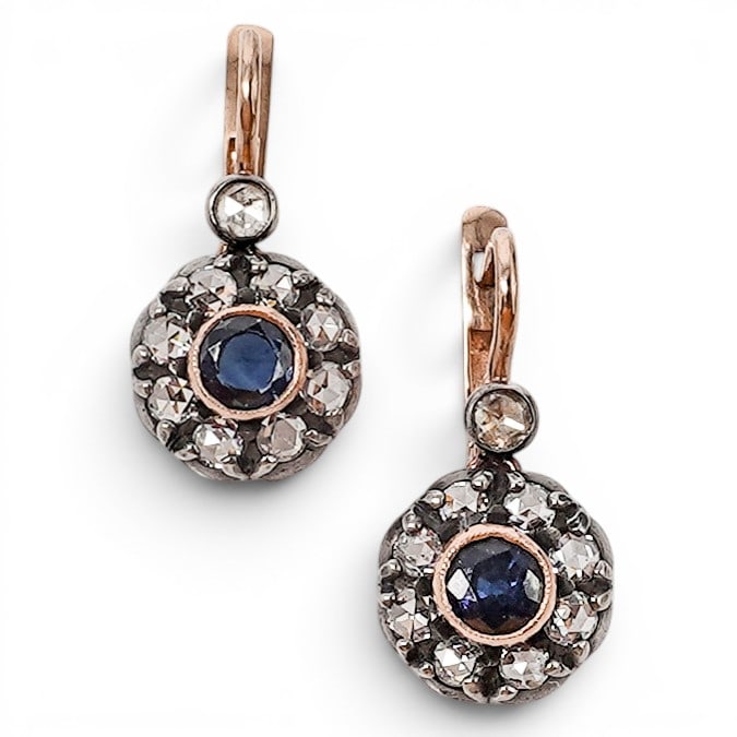 Imperial Russian Era 14k Gold Diamond & Sapphire Drop Earrings: Imperial Russian Era 14k Gold Diamond & Sapphire Drop Earrings 1900s, Russian Pair of Russian 14k rose gold and silver-topped drop earrings with round faceted sapphires totaling approx. 1.00 carat, ro