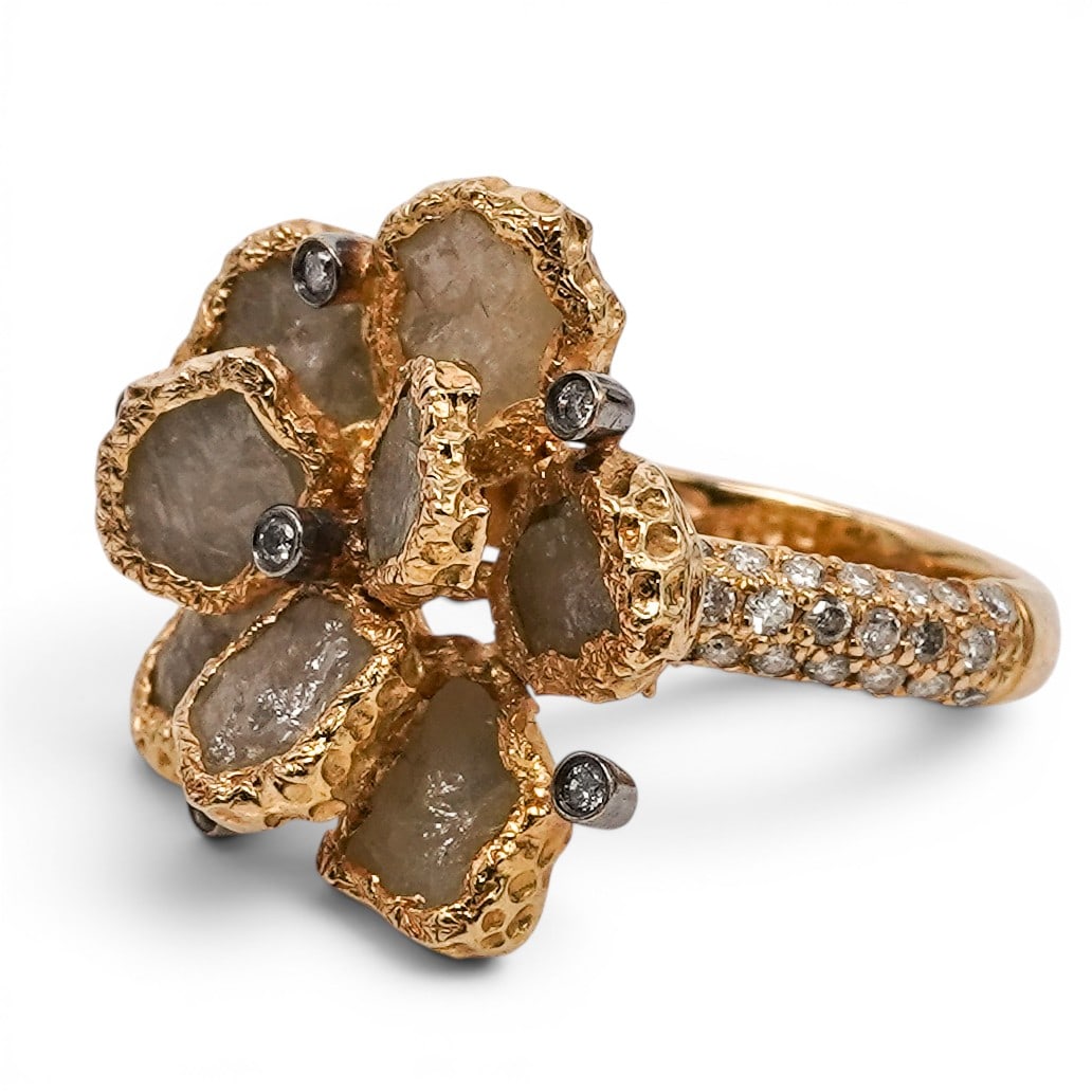 Neda Behnam Couture 18k Gold & Diamond Petal Ring: Neda Behnam Couture 18k Gold & Diamond Petal Ring 2010s, USA 18k yellow gold Neda Behnam Couture flower ring with textured openwork floral construction, approx. 4.32 carats of rough uncut diamond peta