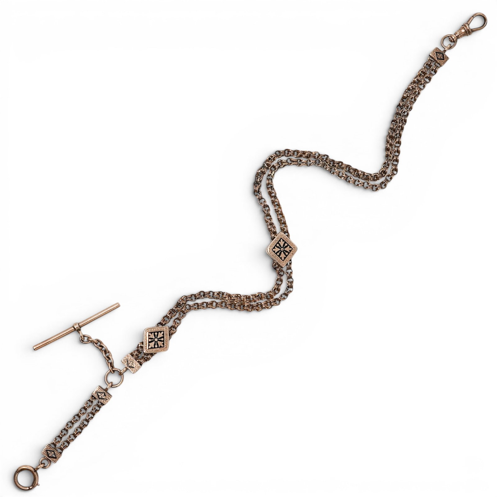 Victorian 9k Gold Albertina Pocket Watch Slide Chain: Victorian 9k Gold Albertina Pocket Watch Slide Chain 1880s-1900s, English Antique 9k yellow gold Albertina pocket watch slide chain with multi-strand rolo-link construction, engraved rectangular and d