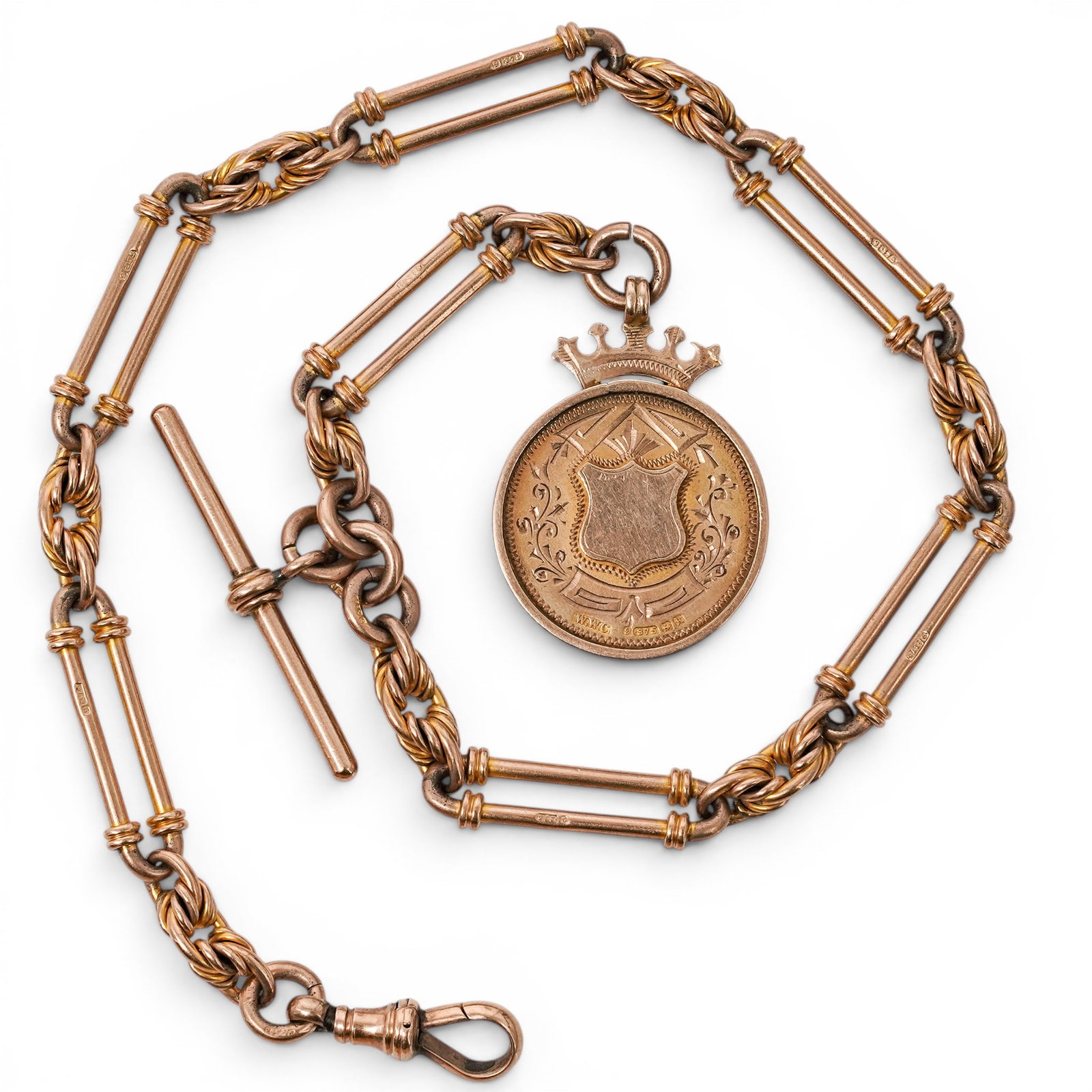 William Walter Cashmore 9k Gold Albert Watch Chain with Shield Fob (1 of 7)