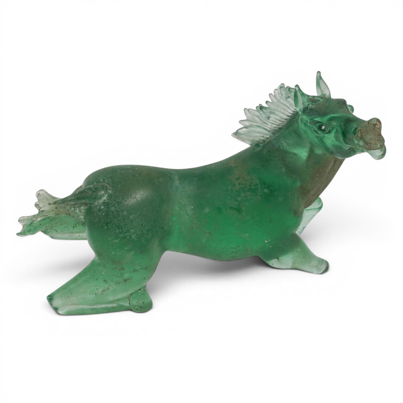 Pino Signoretto Murano Glass Rearing Horse Sculpture: Pino Signoretto Murano Glass Rearing Horse Sculpture Circa 1980. Italian A Pino Signoretto Murano glass rearing horse sculpture crafted from green glass, featuring a textured "Scavo" technique to simu