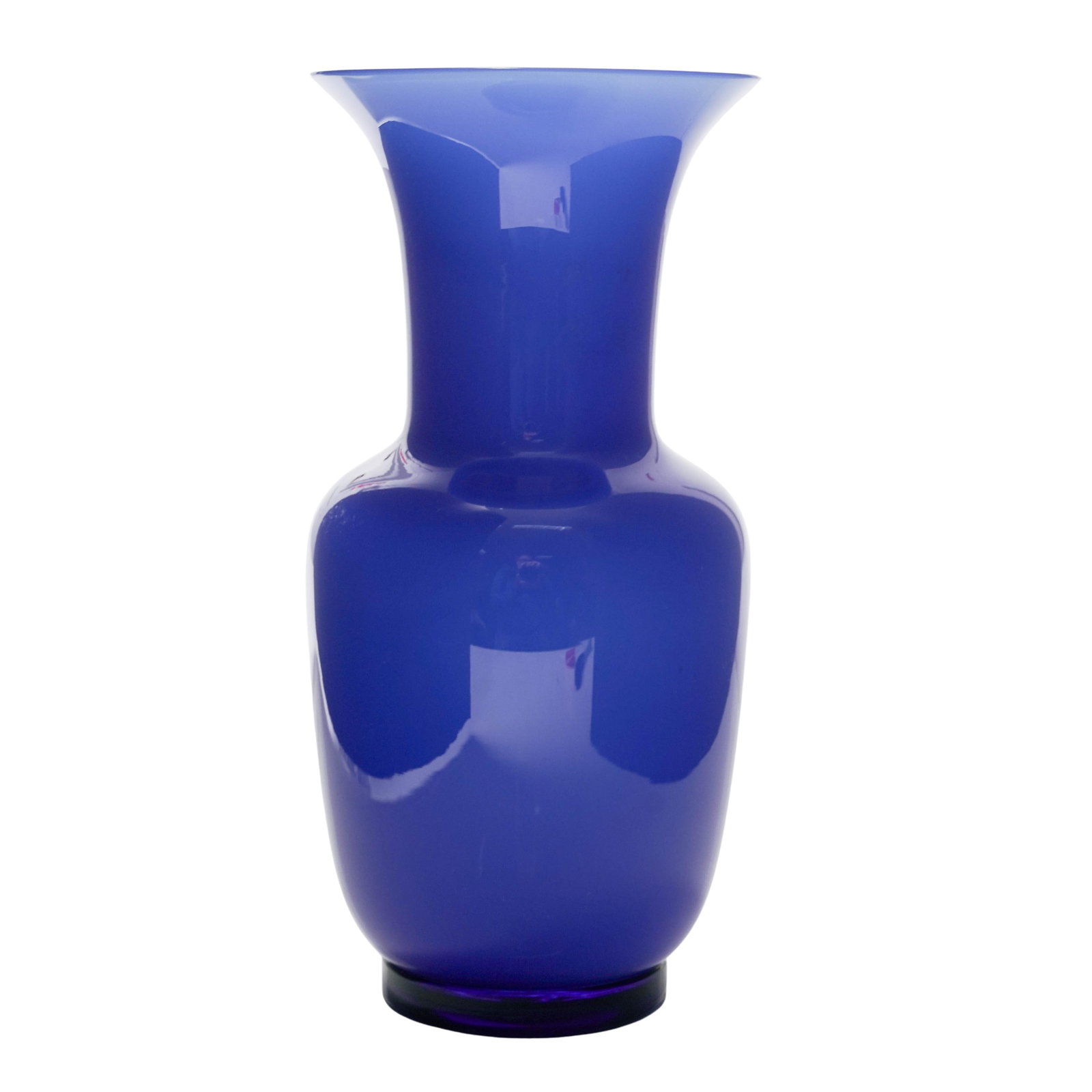 Venini 'Opalino' Murano Glass Vase: Venini 'Opalino' Murano Glass Vase 1994, Italy Venini Opalino hand-blown Murano glass vase executed in cased opaline glass with a vibrant cobalt blue shell, featuring a baluster-form body with a flare