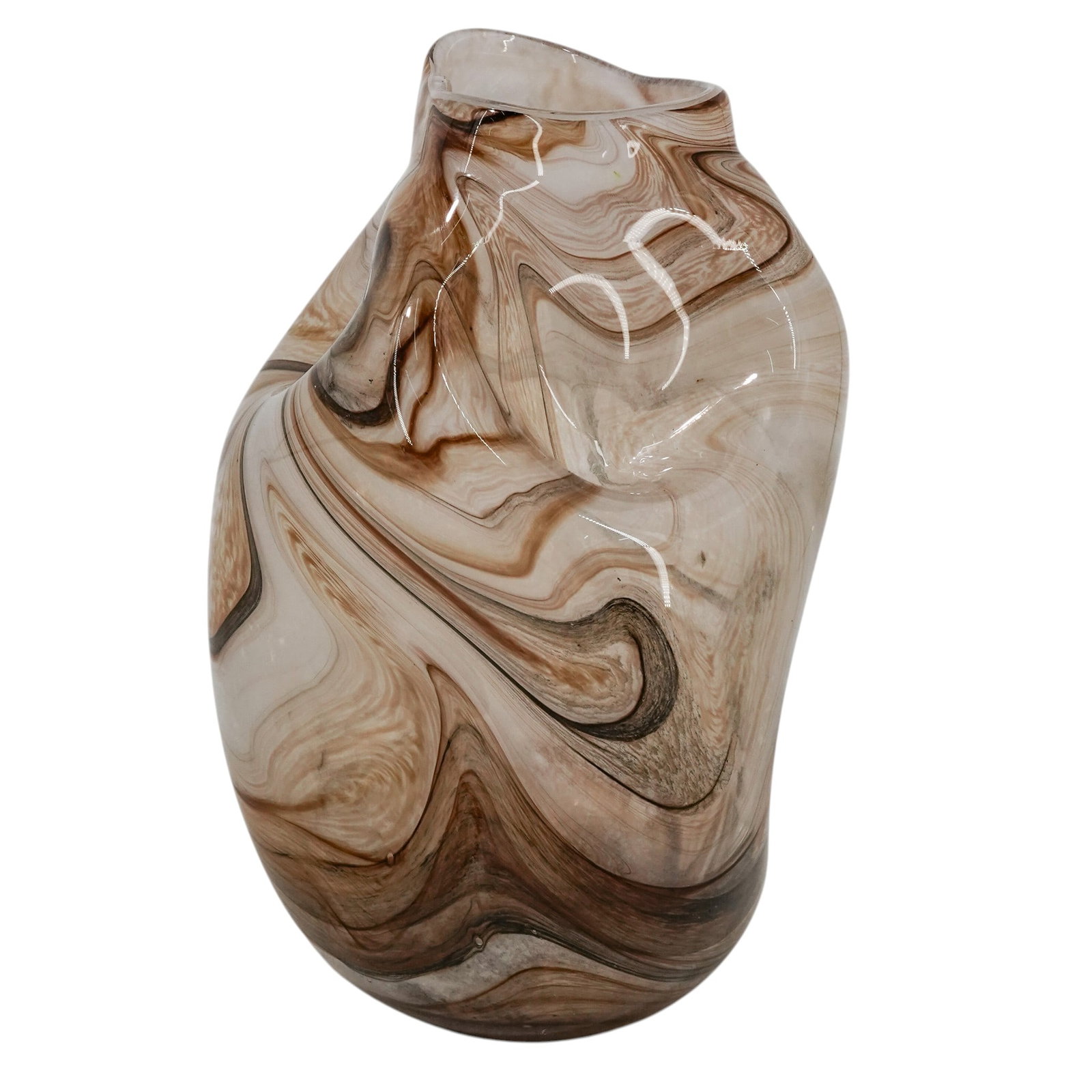 Murano Marbleized Sculptural Glass Vase: Murano Marbleized Sculptural Glass Vase Late 20th Cent, Italy Murano glass sculptural vase with marbleized beige and brown coloration, formed in a flowing organic silhouette with layered, swirling gla