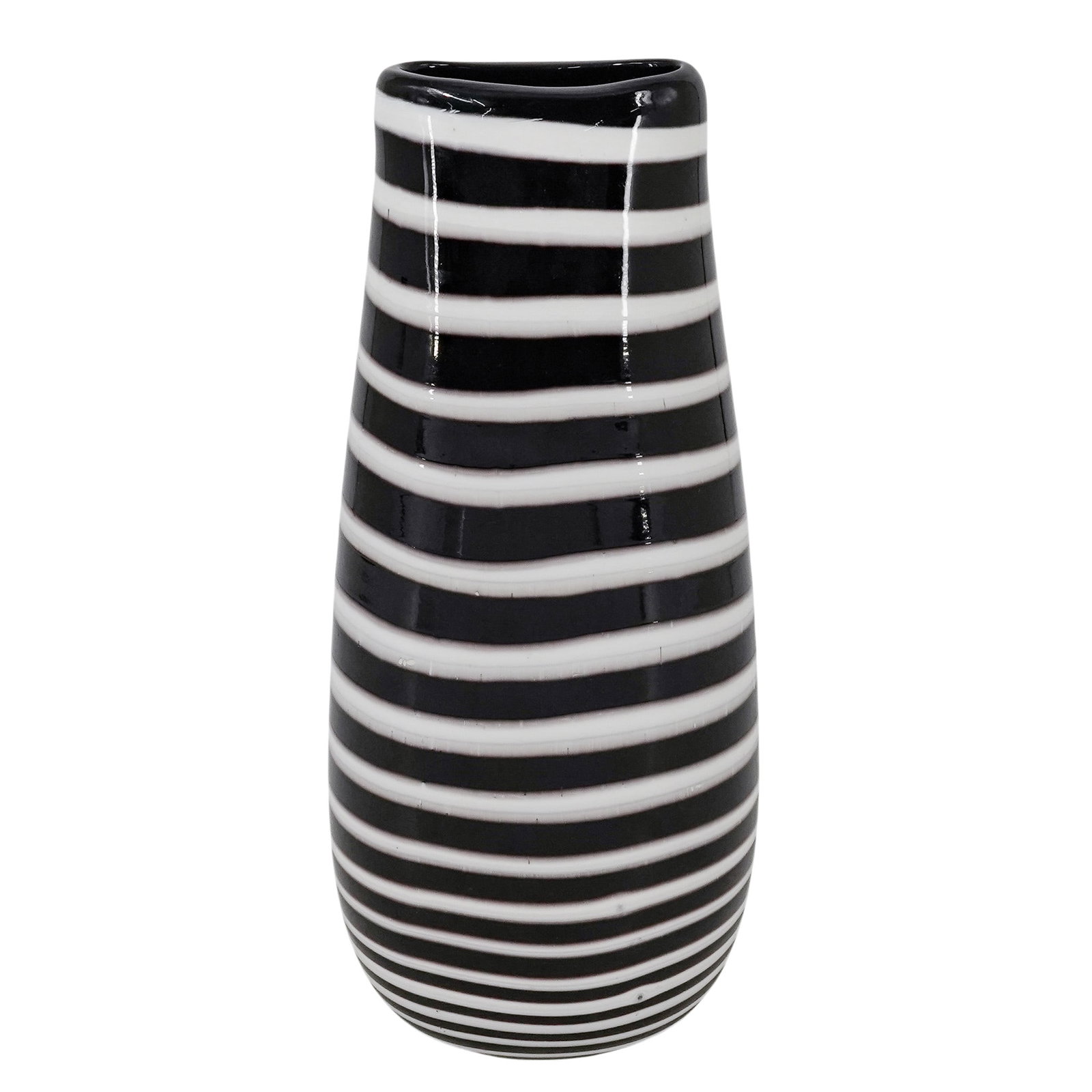 Contemorary Black and White Striped Art Glass Vase: Contemorary Black and White Striped Art Glass Vase Mid 20th Cent Hand-blown art glass vase of rounded oval form with a gently tapering neck. The body features alternating black and white horizontal st