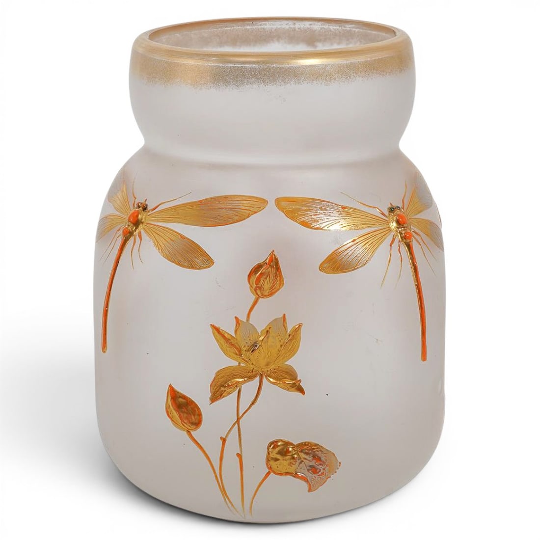 Antique Czech Bohemian Enameled Frosted Glass Dragonfly Vase (1 of 6)