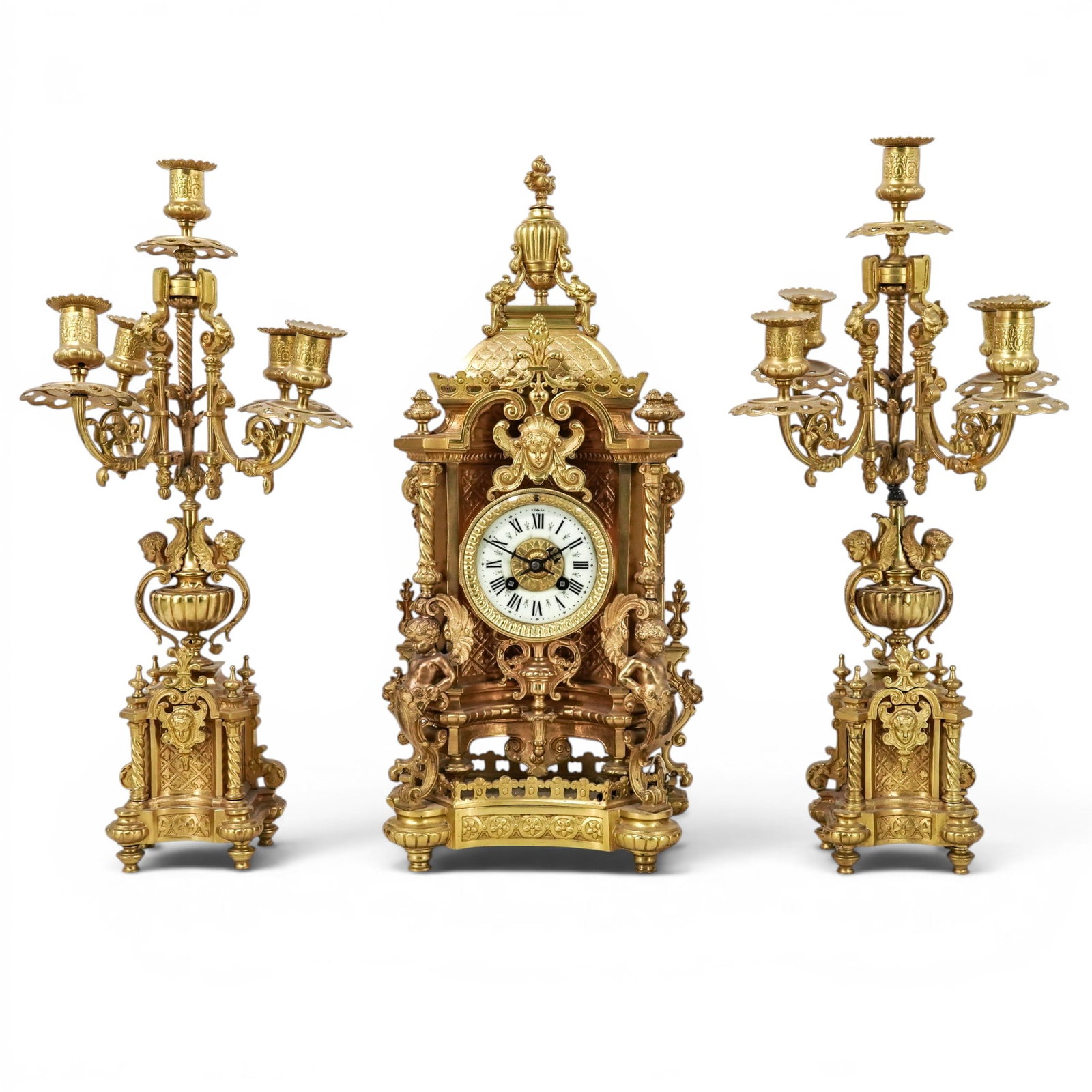 (3 pc) Viel & Delrue Paris Mantel Clock & Candelabra Brass Garniture Set (1 of 16)