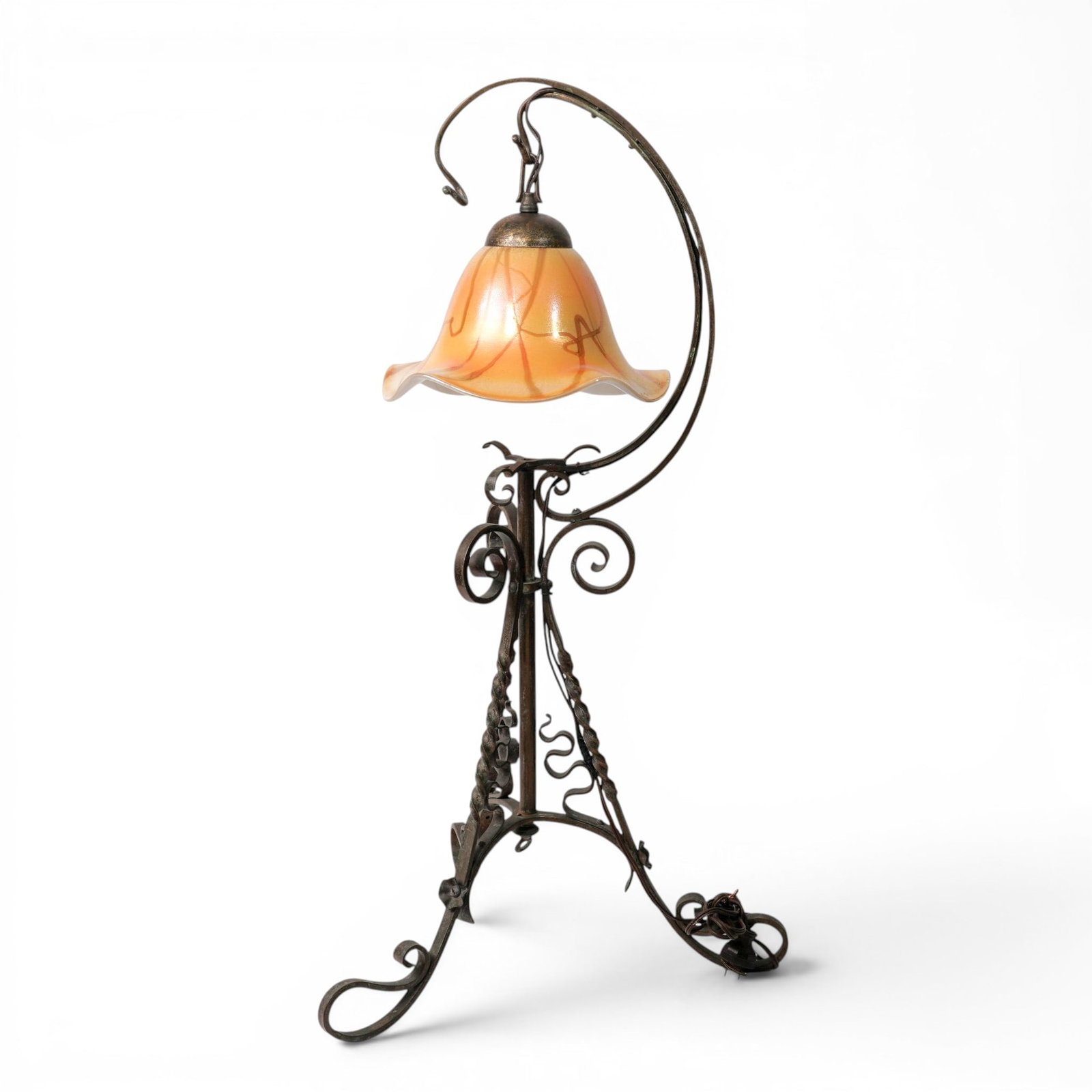 Art Nouveau-Style Wrought Iron Lamp w/ Glass Shade (1 of 9)