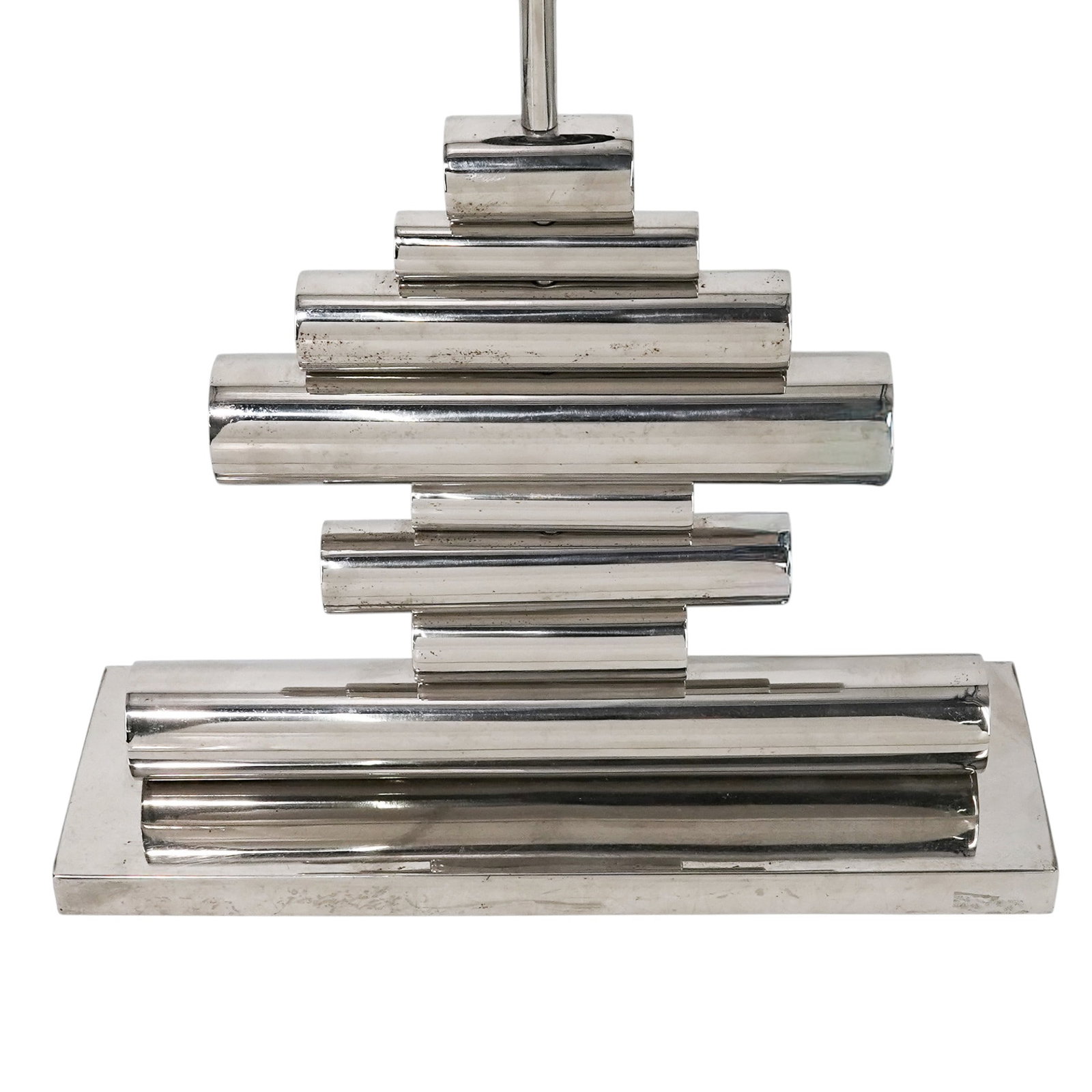 MCM Stacked Chrome Table Lamp: MCM Stacked Chrome Table Lamp Mid 20th century Mid century modern stacked chrome table lamp. Marked on socket "model SL-6006". Electrified. H 17.25" x L 16" x W 5"