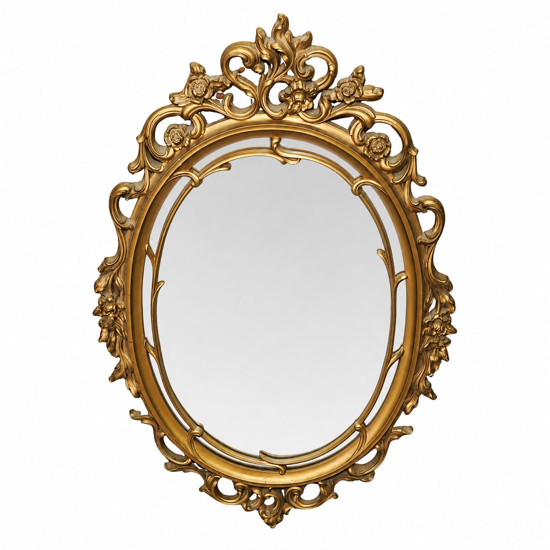 Hollywood Regency Giltwood Mirror: Hollywood Regency Giltwood Mirror Mid to late 20th century This object is an ornate oval wall mirror featuring a decorative, sculpted frame finished in a striking vintage gold Hollywood Regency style.