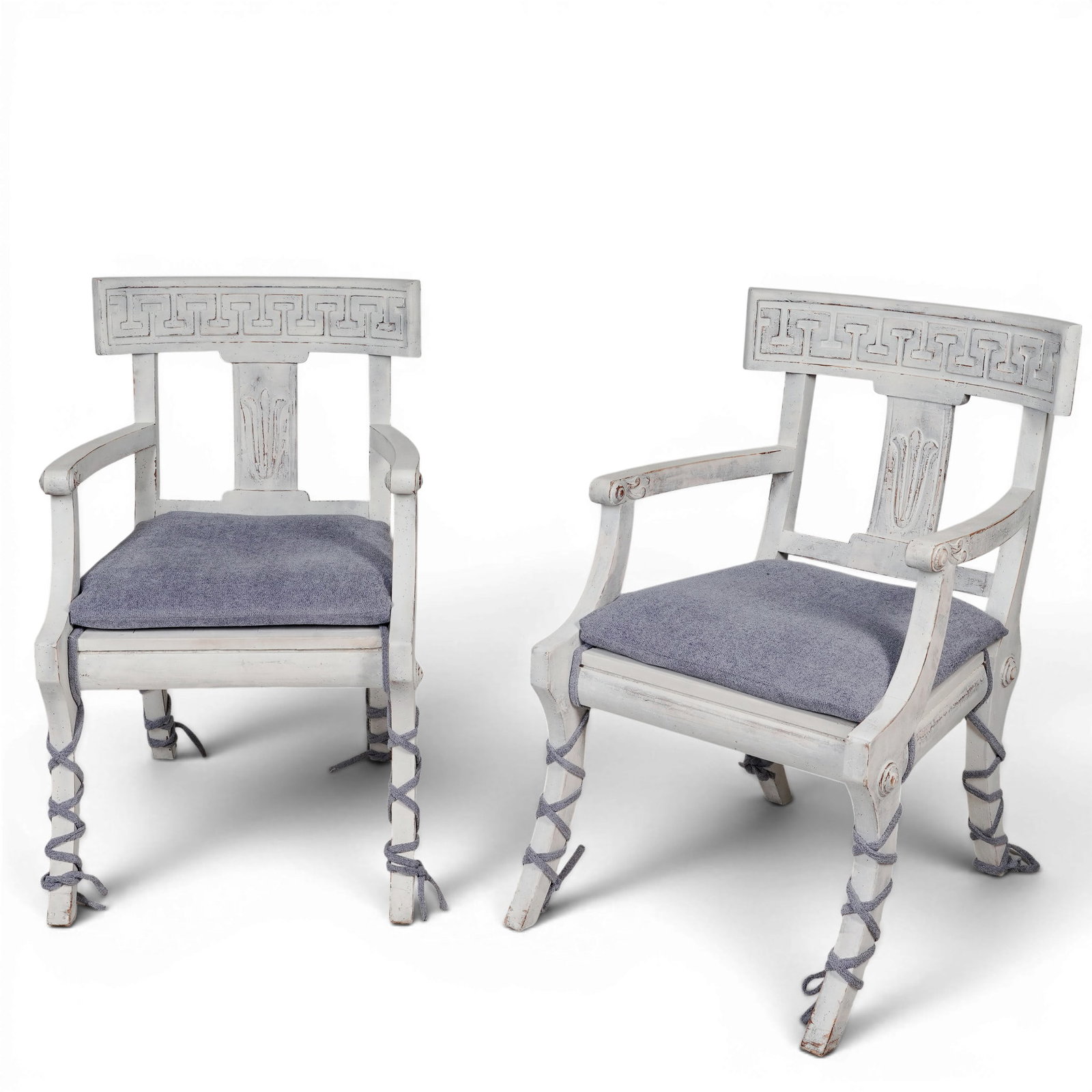 Pair Vintage Klismos Style Armchairs: Pair Vintage Klismos Style Armchairs Late 20th century A pair of vintage Kilsmos style armchairs in a custom hand-painted and hand-rubbed finish. Custom loose lavender cushions with leg strappings. H