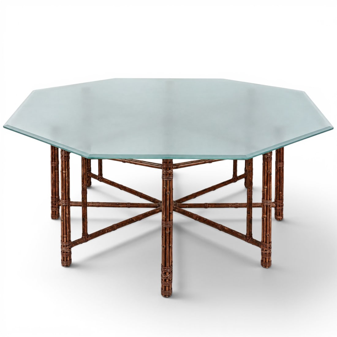 Vintage Octagonal Bamboo Dining Table w/ Frosted Glass Top (1 of 11)