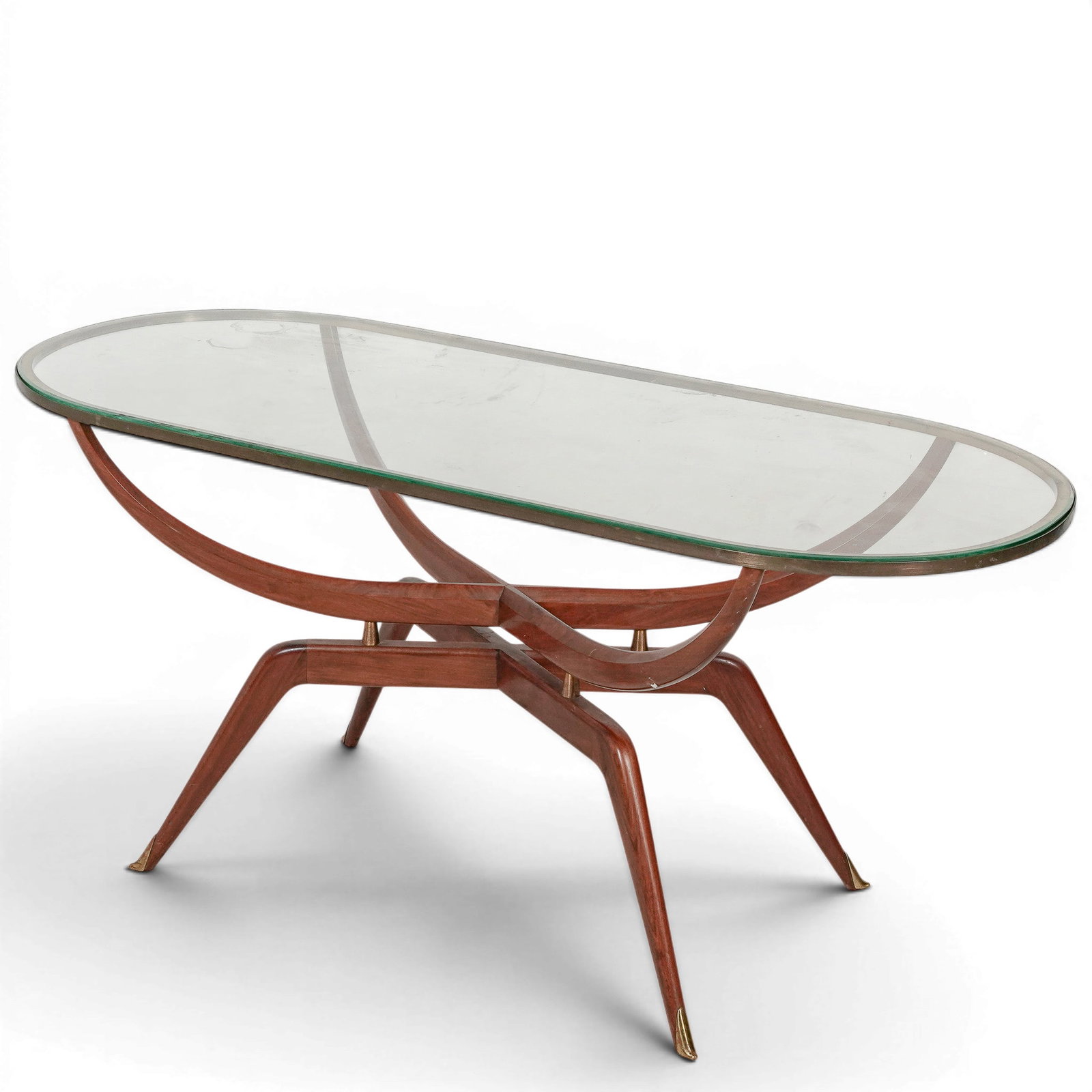 Mid Century Scapinelli Style Brass, Wood & Glass Coffee Table: Mid Century Scapinelli Style Brass, Wood & Glass Coffee Table Mid 20th century A mid-century modern wooden framed table with brass accents and a glass table top, in the manner of design by Giuseppe Sc