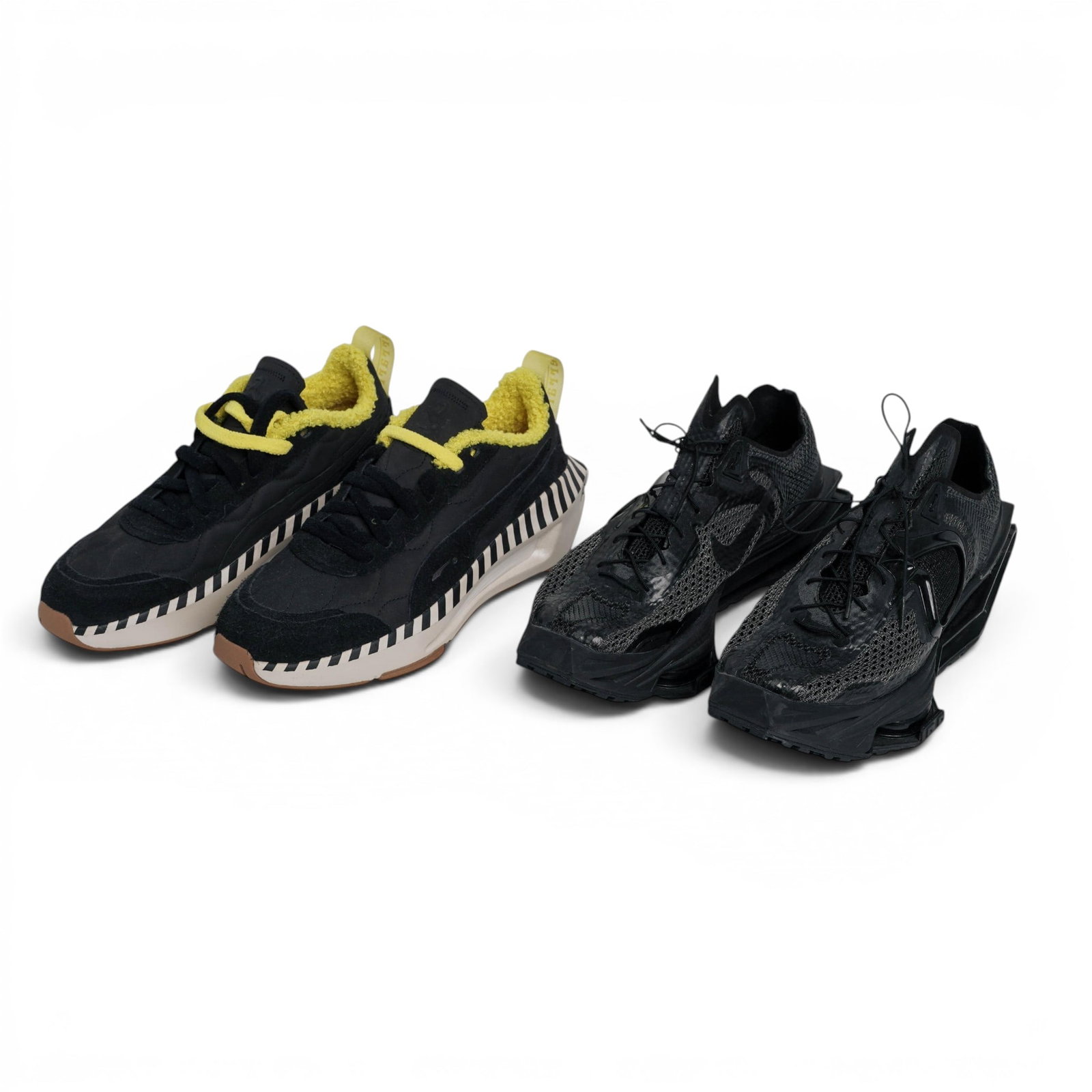 (2 Pc) Ferrari Puma & Nike Zoom 004 x MMW Triple Black Sneakers: (2 Pc) Ferrari Puma & Nike Zoom 004 x MMW Triple Black Sneakers c. 2021, USA, Germany Two pairs of distinctive high-end designer Puma Scuderia Ferrari Ultimate Nitro & Nike Zoom 004x MMW Triple Black 