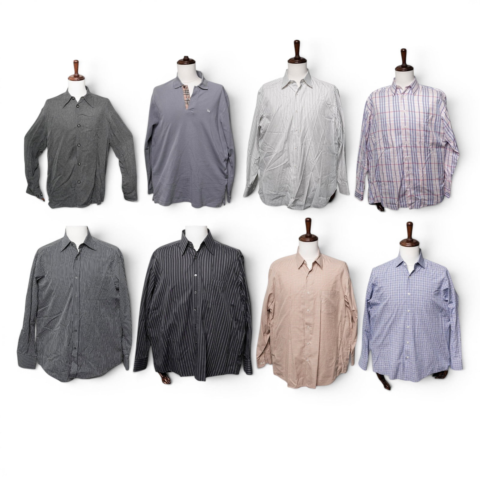 (8 pcs) Men's Designer Shirts (Gucci, Burberry, Dolce Gabana, Brioni): (8 pcs) Men's Designer Shirts (Gucci, Burberry, Dolce Gabana, Brioni) Late 20th-early 21st century (8 pc) Designer shirts (1) Gucci pinstripe shirt. 100% cotton. Size 42/ 161/2. Marked near bottom
