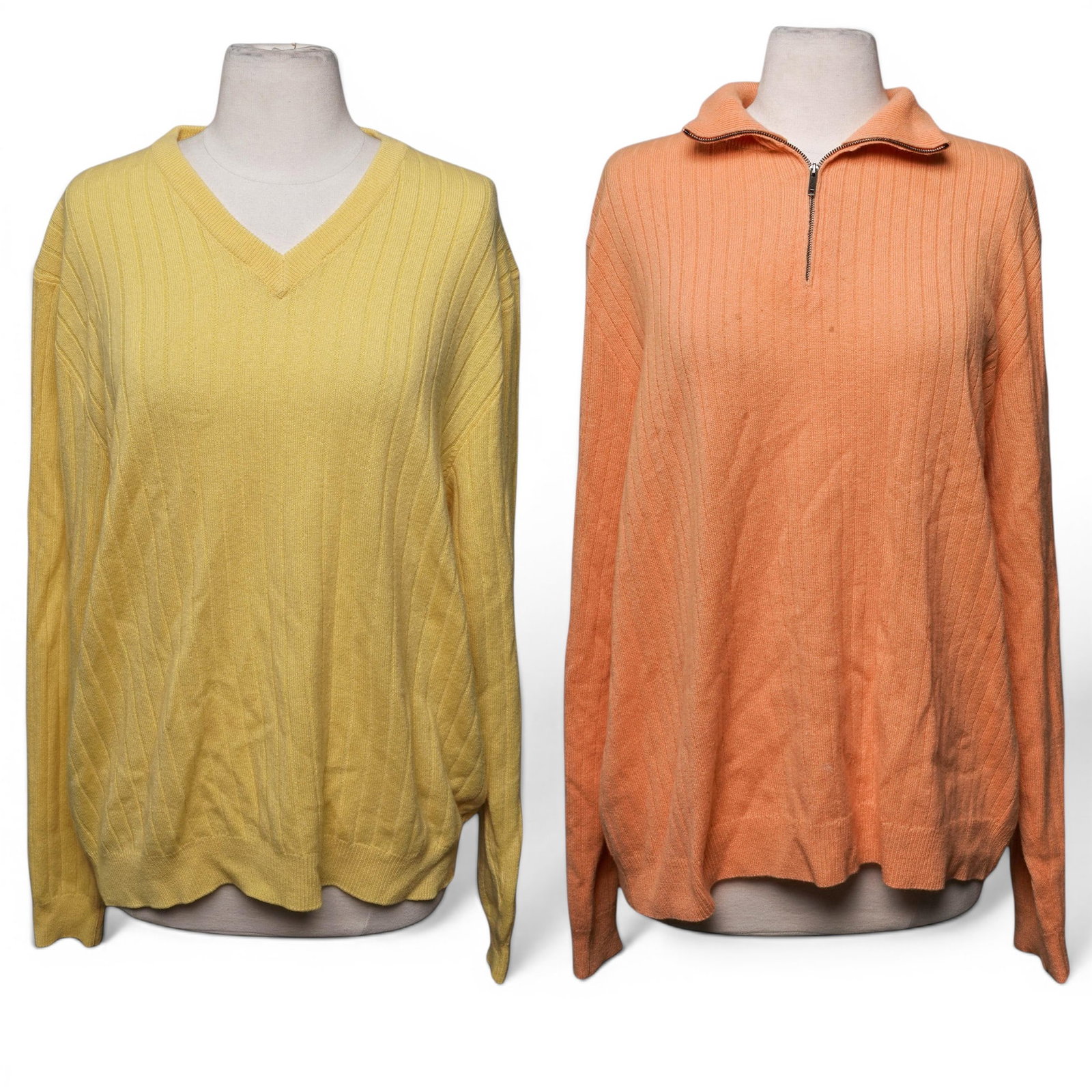 (2 pc) Ralph Lauren Men's Purple Label Sweaters: (2 pc) Ralph Lauren Men's Purple Label Sweaters 21st Cent, Italy (1) Yellow cable knit sweater with V-Neck (1) Orange Cable Knit Zip-Up sweater Both labeled Ralph Lauren on purple label, as well as