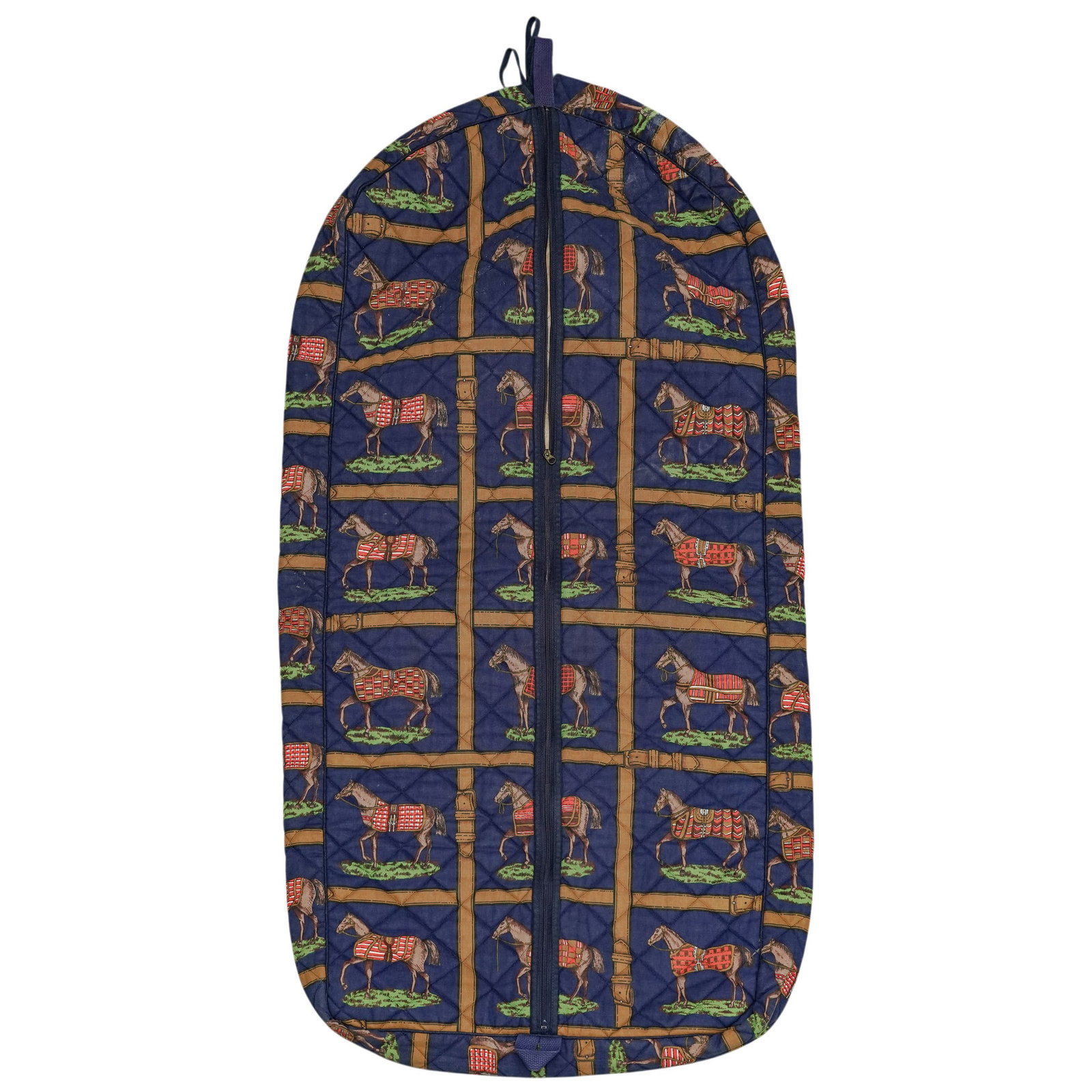 Retro Equestrian Garment Bag: Retro Equestrian Garment Bag 20th Cent. A quilted, padded garment or gear bag featuring an equestrian motif. The fabric showcases a grid pattern of blanketed horses on a blue background, accented