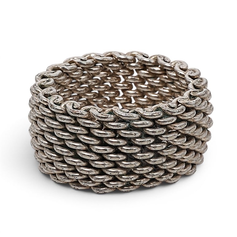 Tiffany & Co. Somerset Sterling Silver Mesh Band Ring: Tiffany & Co. Somerset Sterling Silver Mesh Band Ring 1990s–2000s, USA Woven sterling silver Somerset mesh band ring with Tiffany & Co.'s signature flexible chain-link construction and polished fini