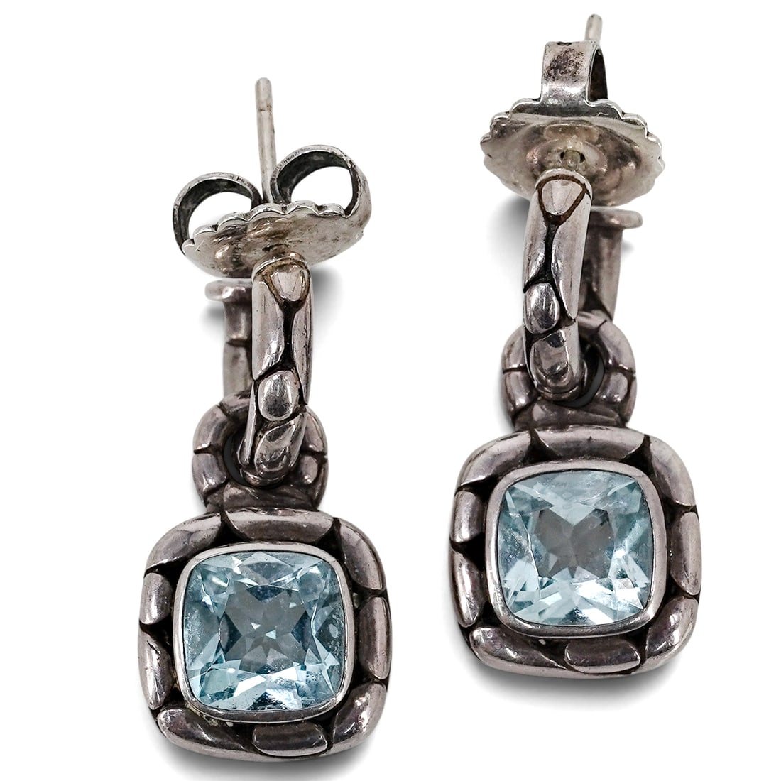 John Hardy Sterling Silver & Blue Topaz "Kali" Earrings: John Hardy Sterling Silver & Blue Topaz "Kali" Earrings late 20th-early 21st century John Hardy sterling silver and blue topaz drop pendant earrings from the Kali collection. Marked with "JH" hallmark