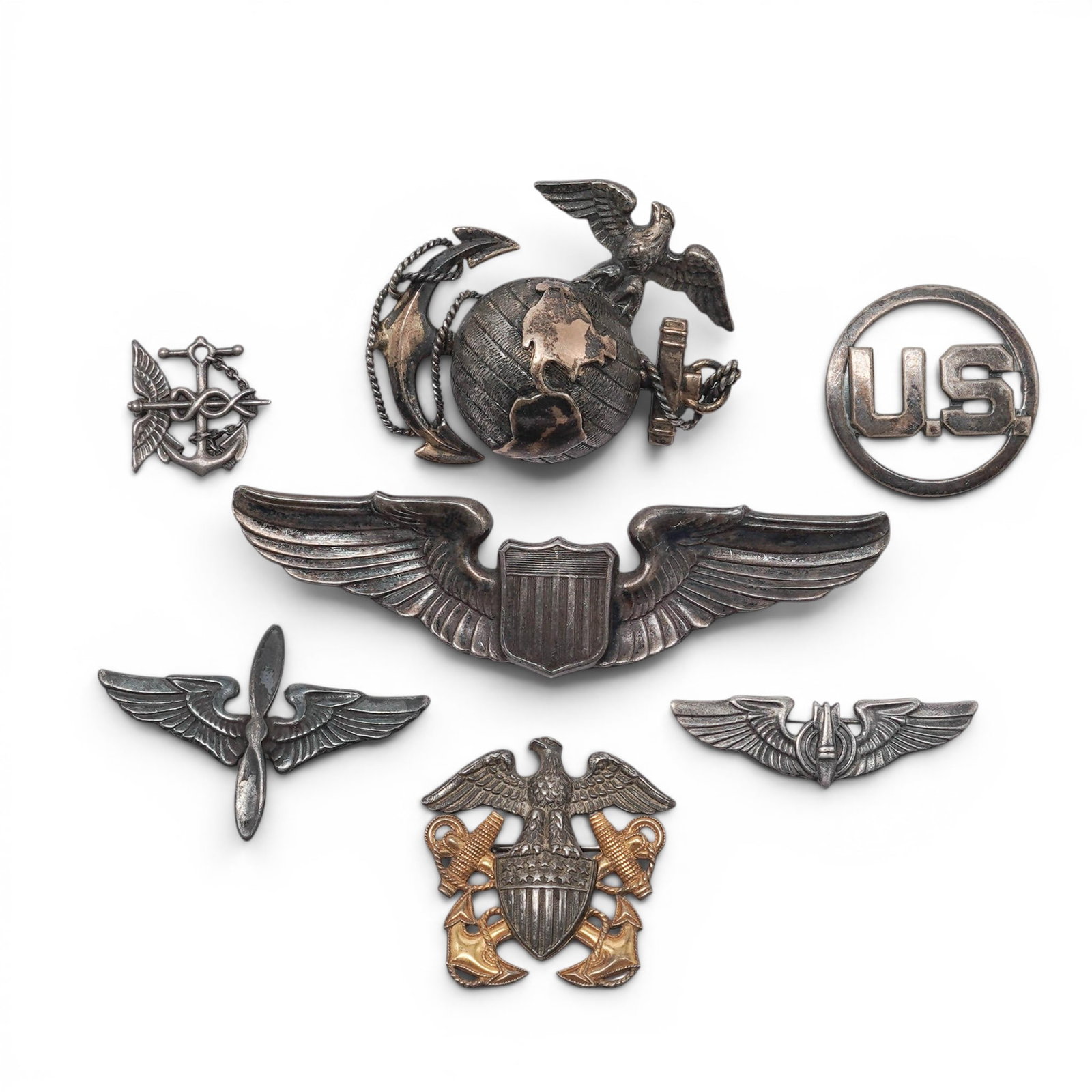 (7 pc) Sterling, Sterling/10k GF & Silver Plated US Military Badges (1 of 10)