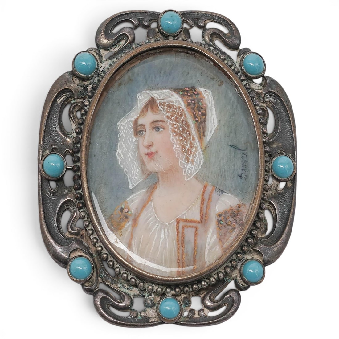 Antique Signed Silver Plated Portrait Brooch (1 of 3)