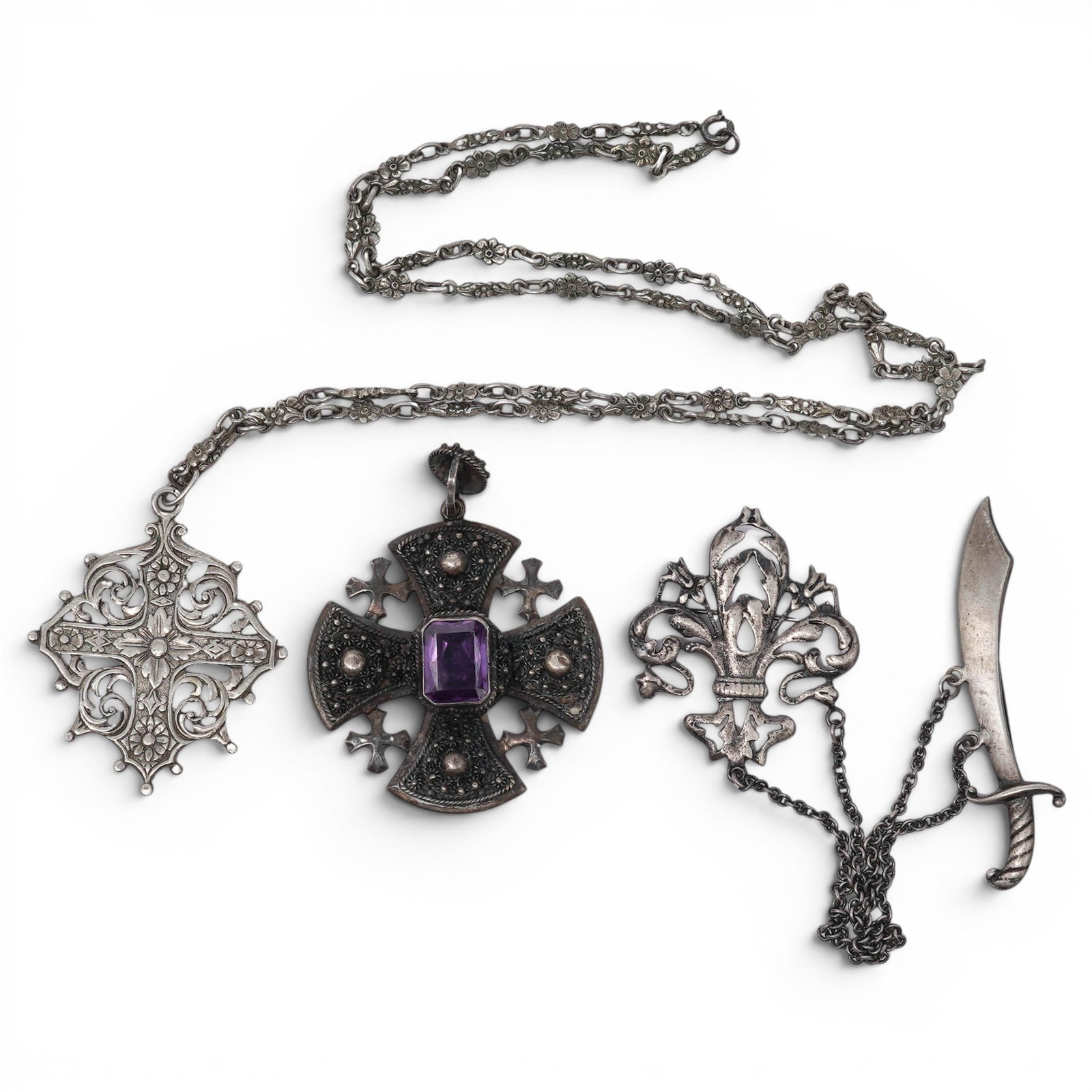 (3 pcs) Victorian Sterling Silver Jewelry: (3 pcs) Victorian Sterling Silver Jewelry Late 19th century Victorian sterling silver jewelry. (1) Spanish sterling silver cross pendant on a carved floral chain. Pendant is marked on back "800" with 