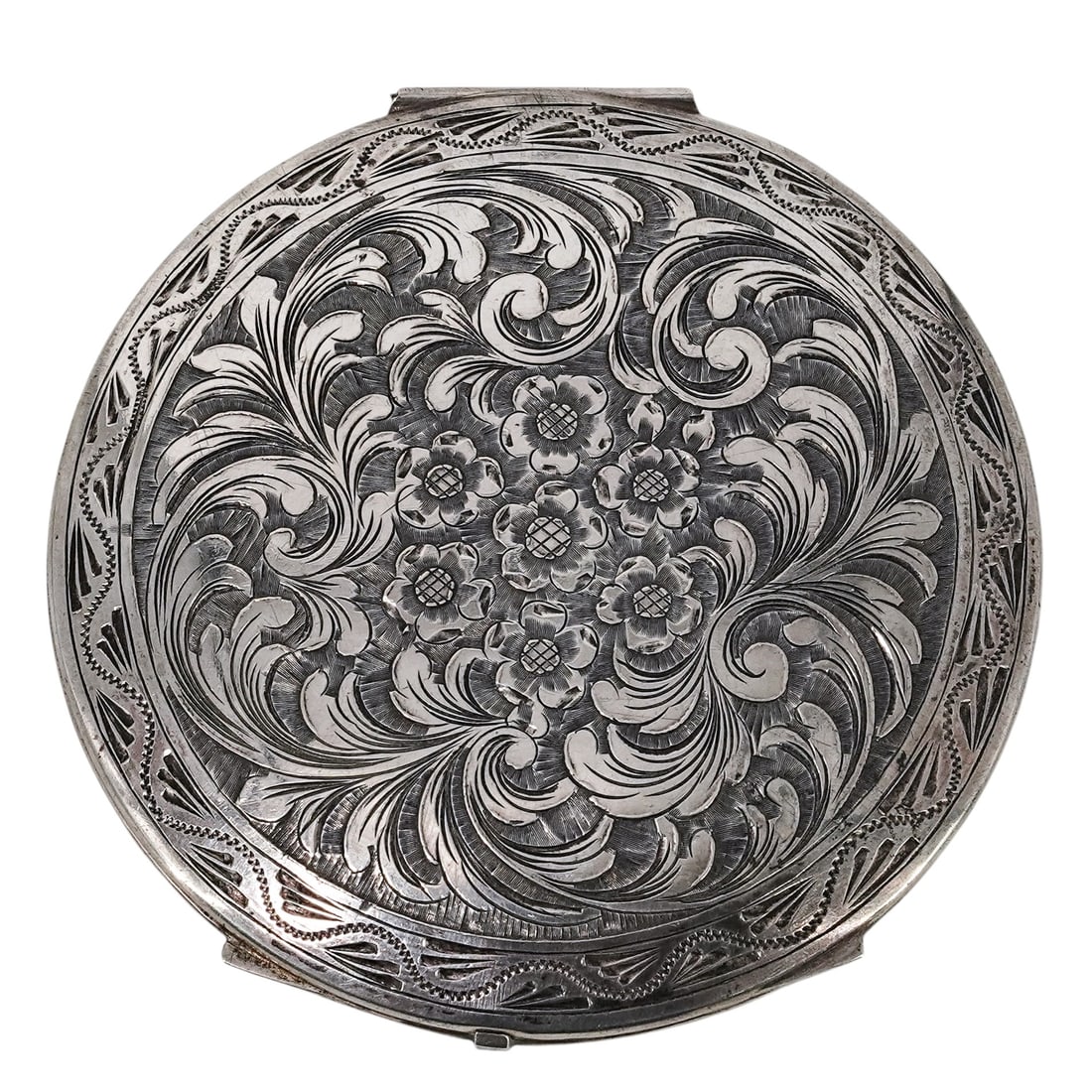 Antique 800 Silver Hand Chased Makeup Powder Floral Compact (1 of 5)