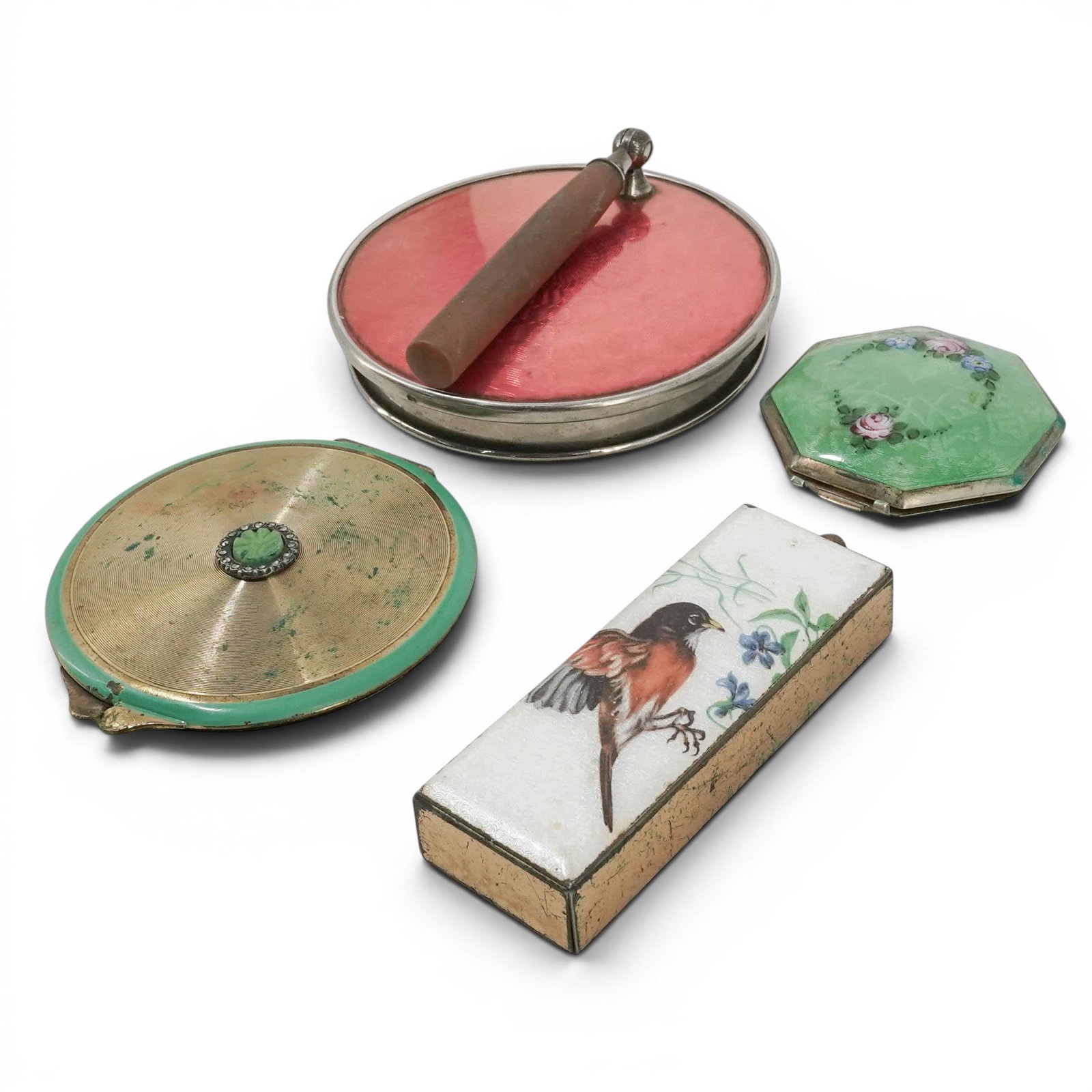 (4 pcs) Antique Enameled Compacts & Mirrors (1 of 11)