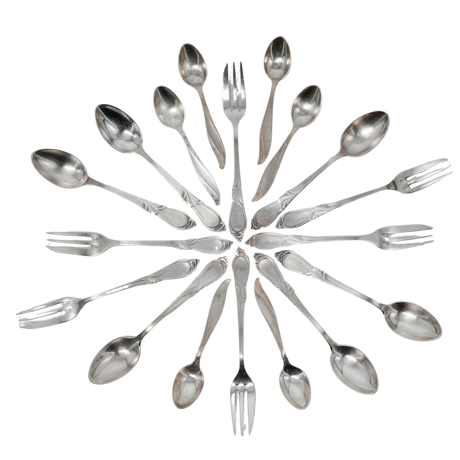 (18pc) Antique Austro-Hungarian 800 Silver Dessert Service Flatware Set: (18pc) Antique Austro-Hungarian 800 Silver Dessert Service Flatware Set Late 19th Cent.,Austro-Hungarian Antique Austro-Hungarian 800 silver Art Nouveau style dessert service. Each piece is stamped wi