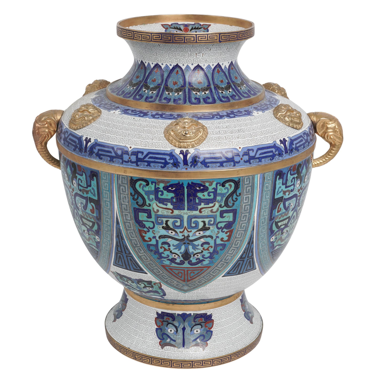 Large Chinese Cloisonné Enamel Vase: Large Chinese Cloisonné Enamel Vase 20th century, Chinese Large Chinese cloisonné enamel vase, styled after an ancient ritual bronze wine vessel known as a Qingtong Lei. It features a wide, rounded 