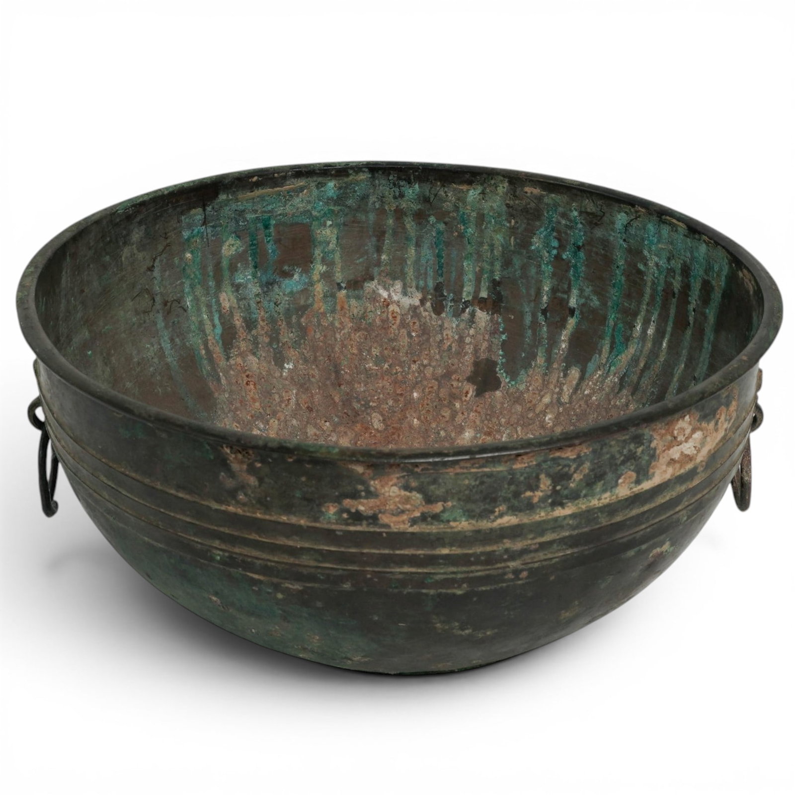 Chinese Archaic Bronze Basin Bowl: Chinese Archaic Bronze Basin Bowl Eastern Zhou Region, Ancient China Chinese bronze bowl in an archaistic style, featuring a broad rounded form with concentric incised bands and opposing ring handles 