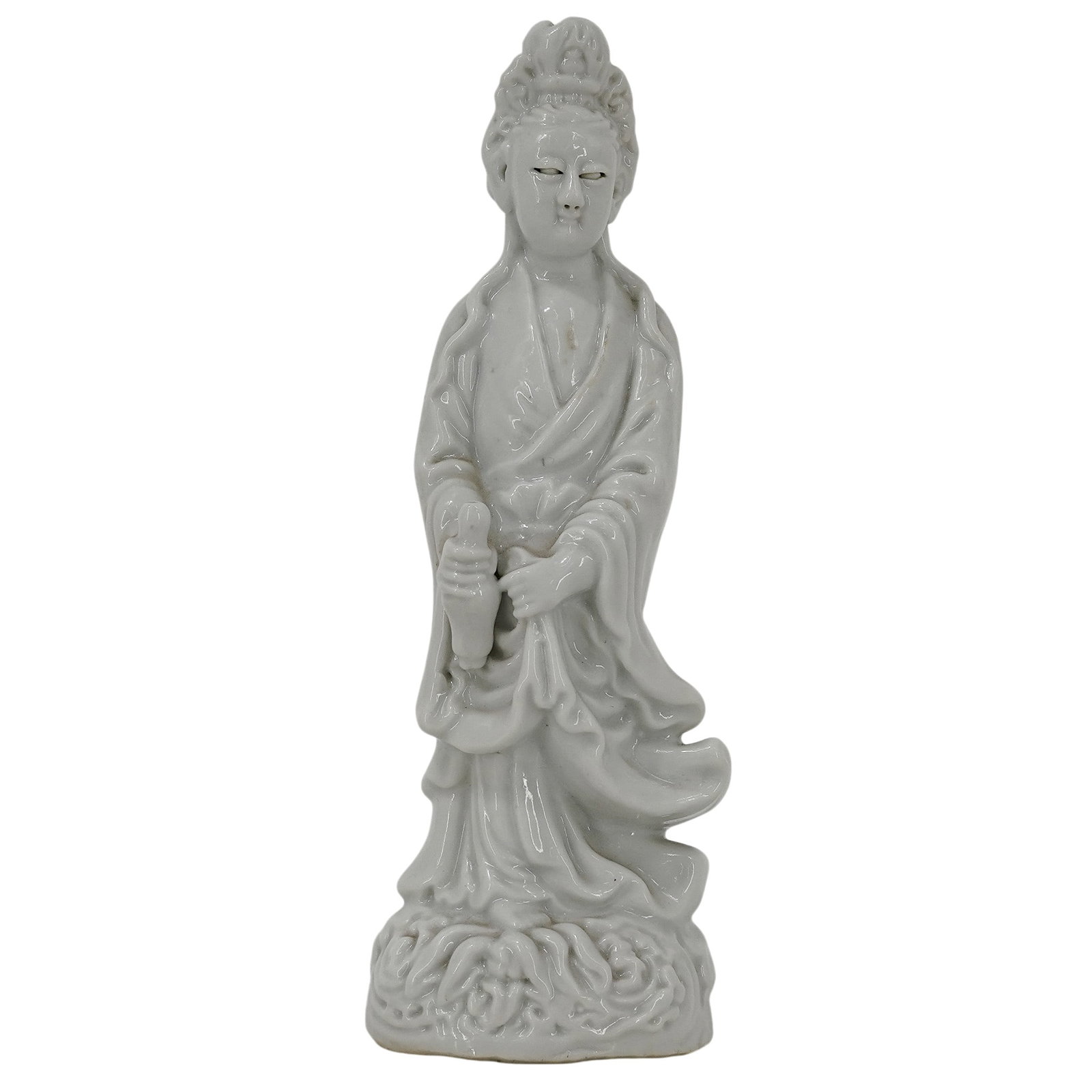 Chinese Blanc De Chine Quan Yin Porcelain Figurine: Chinese Blanc De Chine Quan Yin Porcelain Figurine Mid - Late 20th Cent, Asian Chinese Blanc de Chine porcelain figure depicting Quan Yin standing in flowing robes with serene facial expression and fi