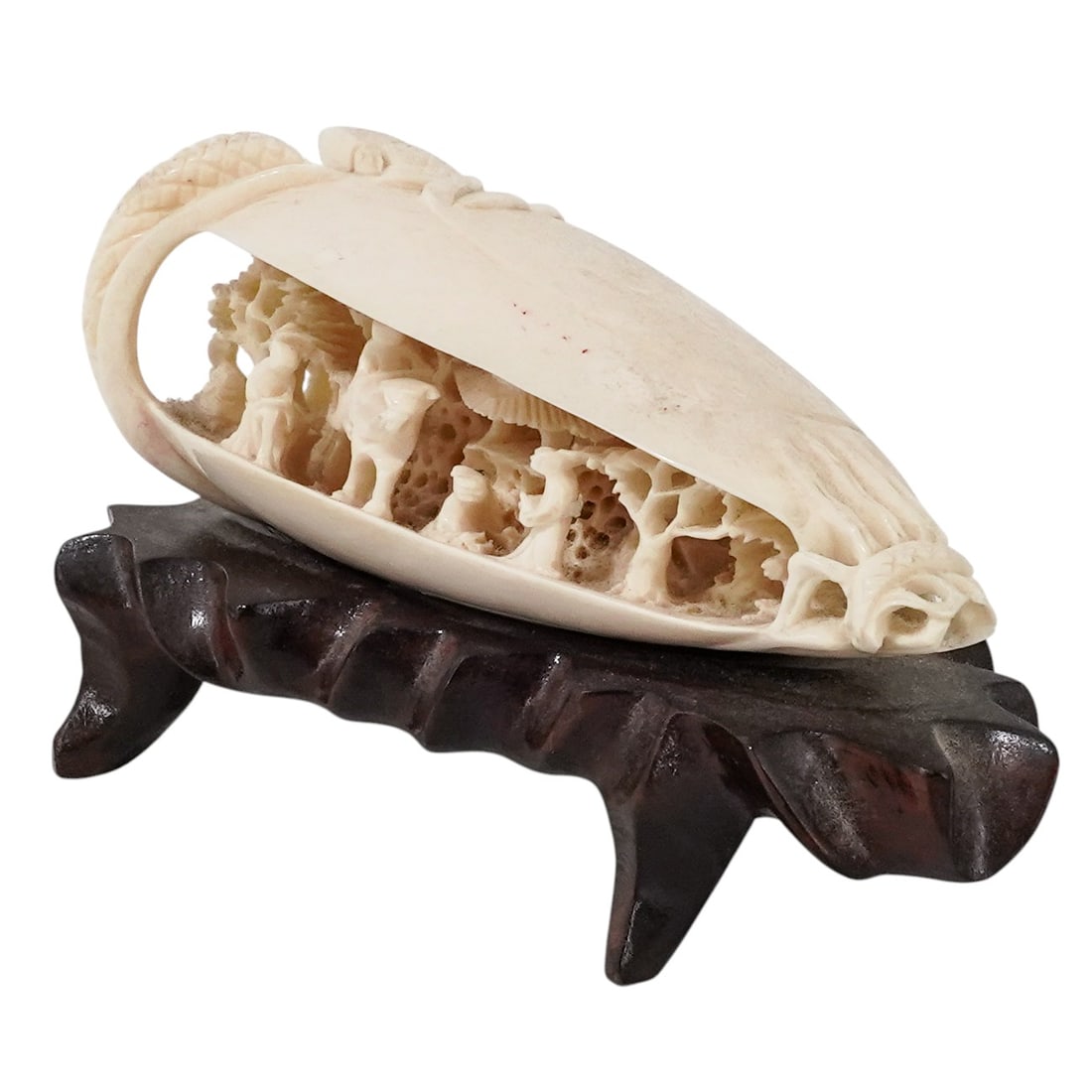 Antique Chinese Carved Bone Clamshell on Wood Base (1 of 9)