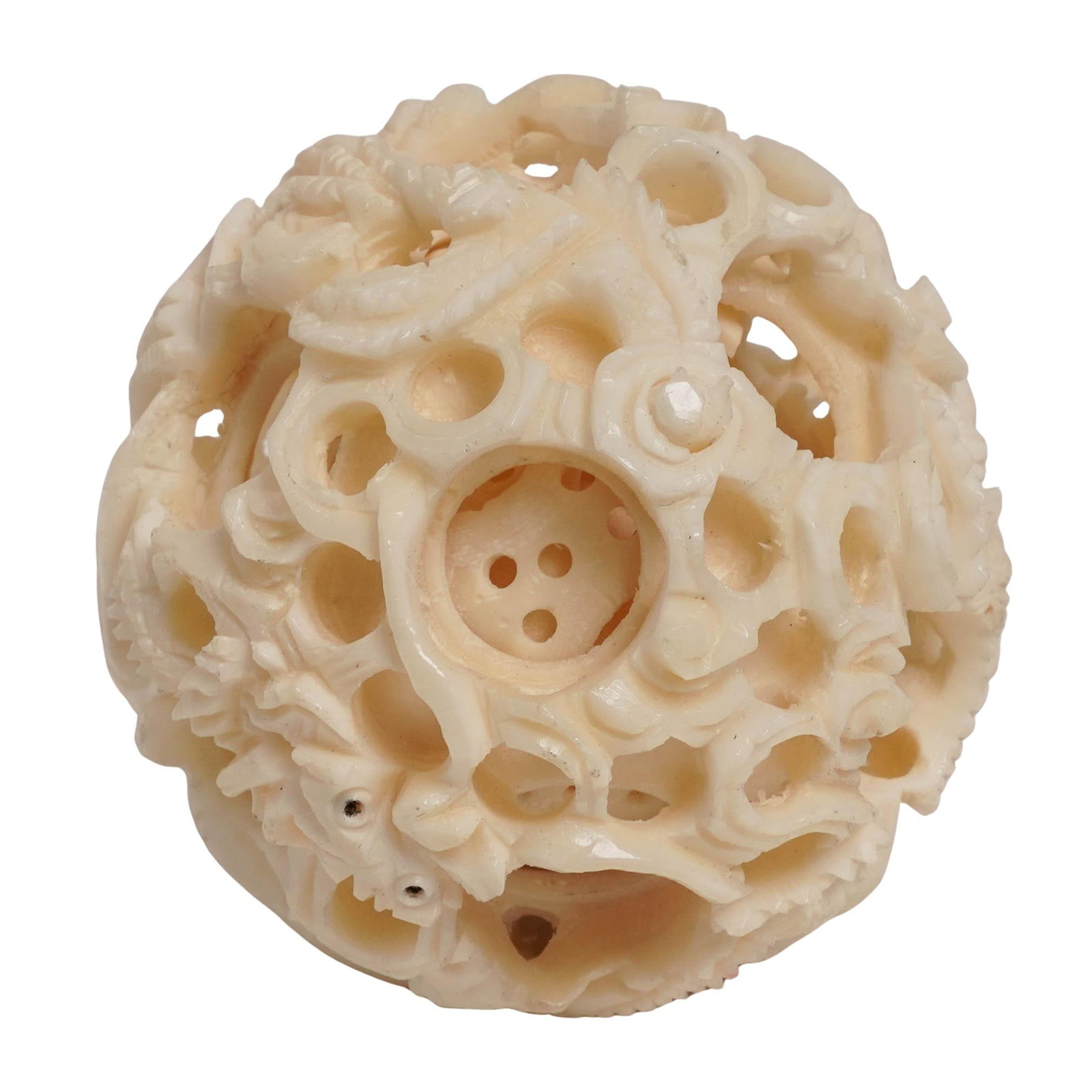 Antique Chinese Carved Bone Puzzle Ball: Antique Chinese Carved Bone Puzzle Ball 20th century, China Multi-layer hand carved bone Chinese puzzle ball. The ball is ornate decorative item consisting of multiple intricately carved concentric ho