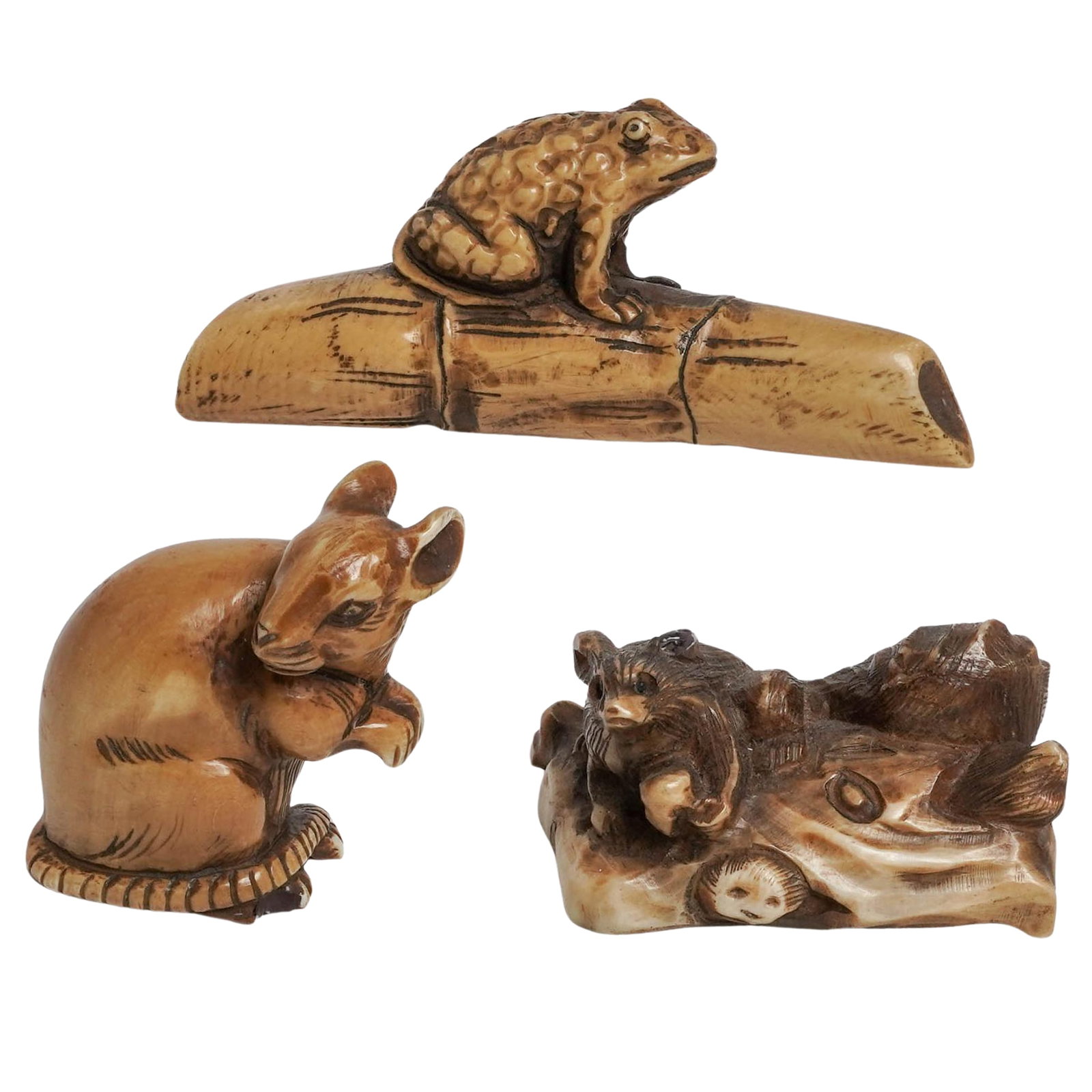 (3 pc) Japanese Figural Bone Carved Netsuke (1 of 8)
