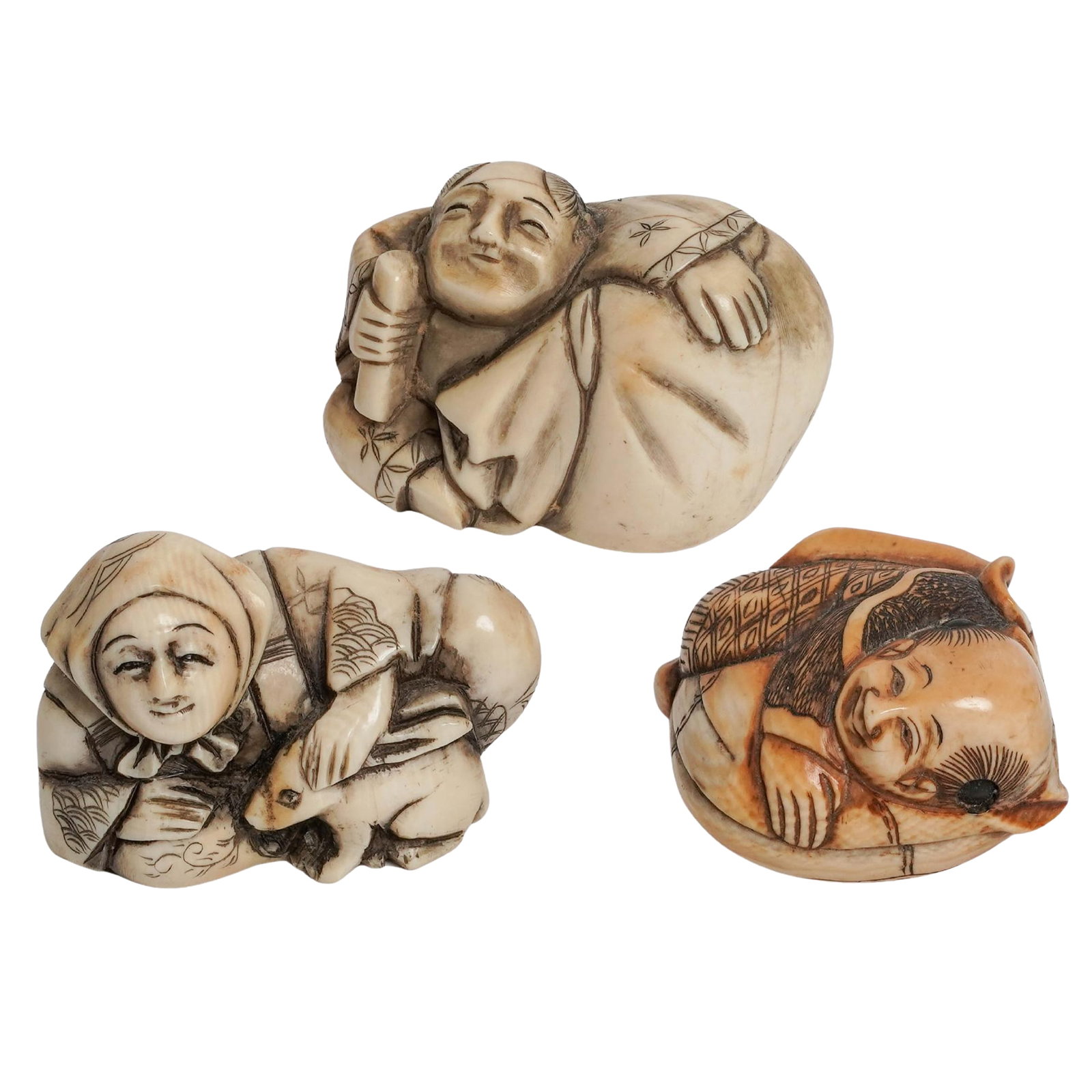(3 pc) Japanese Figural Carved Bone Netsuke (1 of 13)