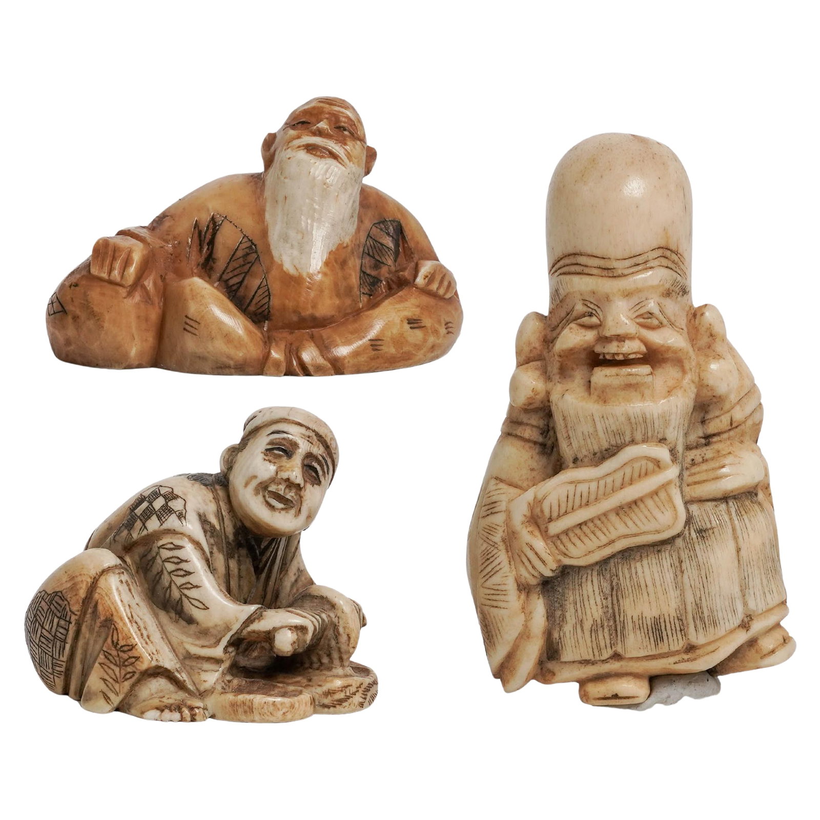 (3 pc) Japanese Figural Bone Carved Netsuke (1 of 11)
