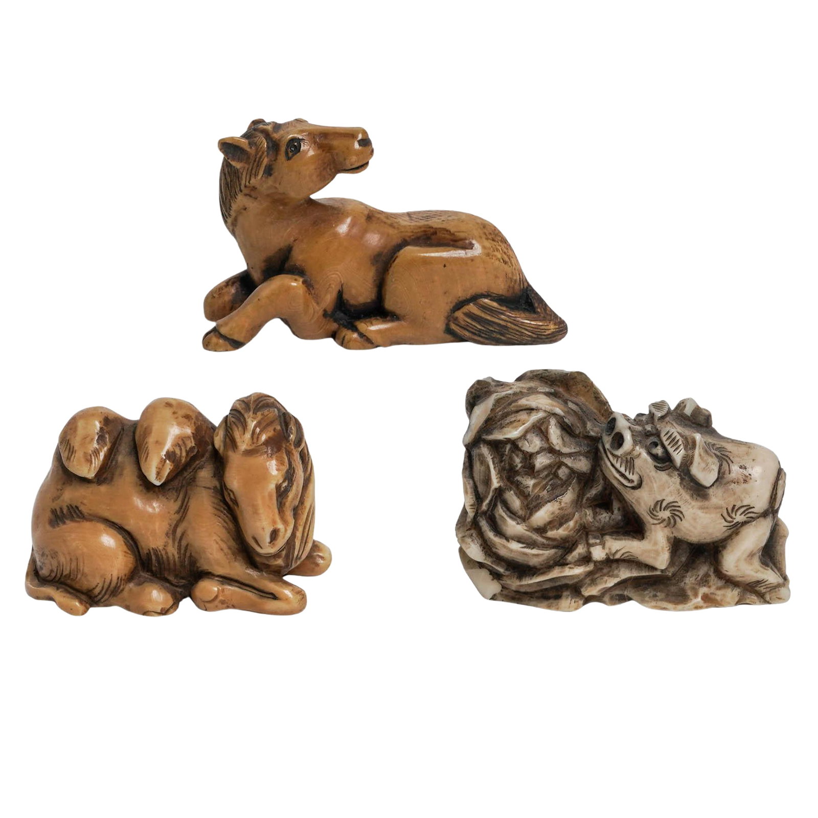(3 pc) Japanese Figural Carved Bone Netsuke (1 of 12)