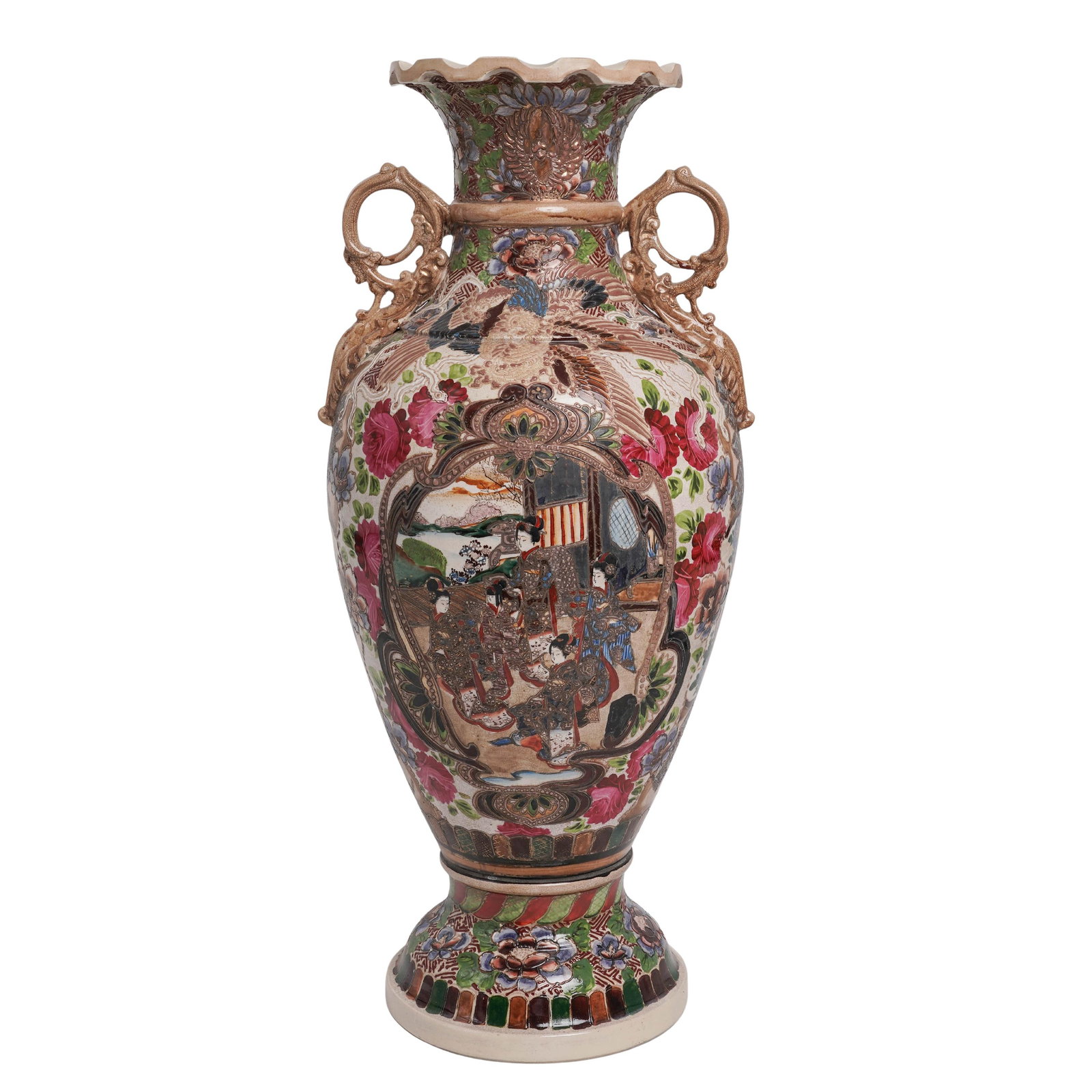 Large Japanese Satsuma Baluster Vase: Large Japanese Satsuma Baluster Vase 20th Cent, Japan arge Japanese Satsuma baluster vase with densely decorated body featuring finely detailed hand-painted enamel scenes, including figural landscape 
