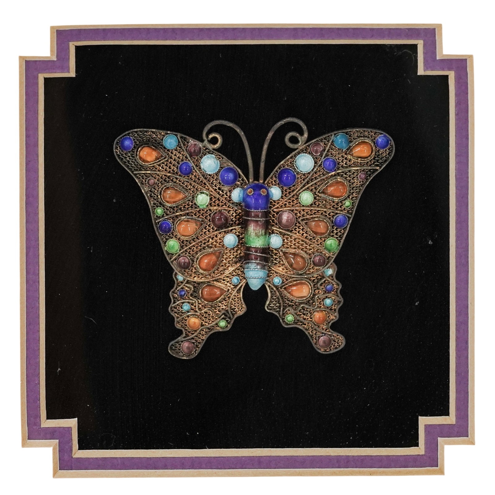 Framed Chinese Enameled Silver Filigree Butterfly: Framed Chinese Enameled Silver Filigree Butterfly 20th century, Chinese Chinese enameled silver filigree butterfly in a professional frame. Frame H 8" x W 8" x Butterfly approx. H 2" x W 2.375"