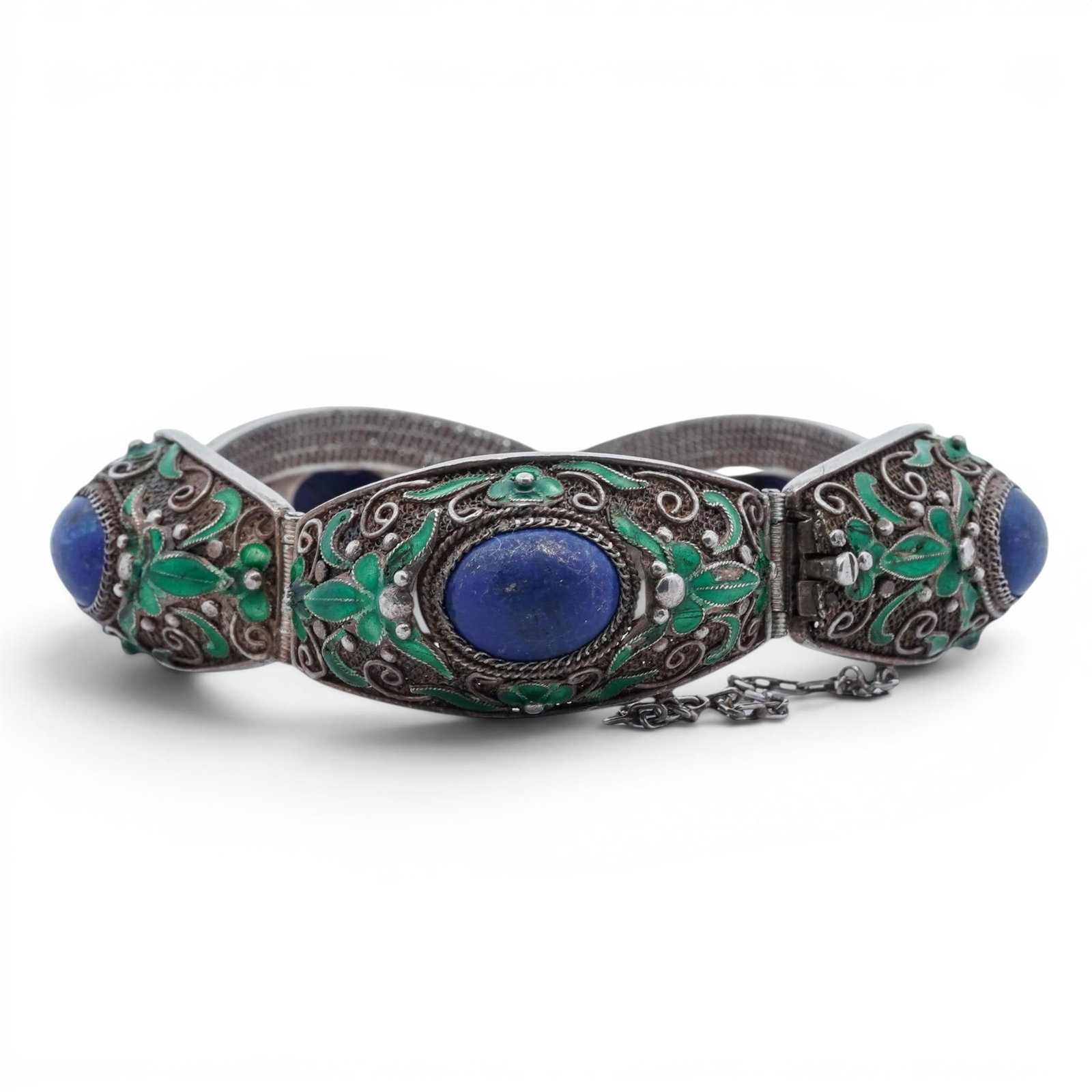 Vintage Chinese Silver Lapis Lazuli & Enamel Hinged Bangle Bracelet (1 of 5)