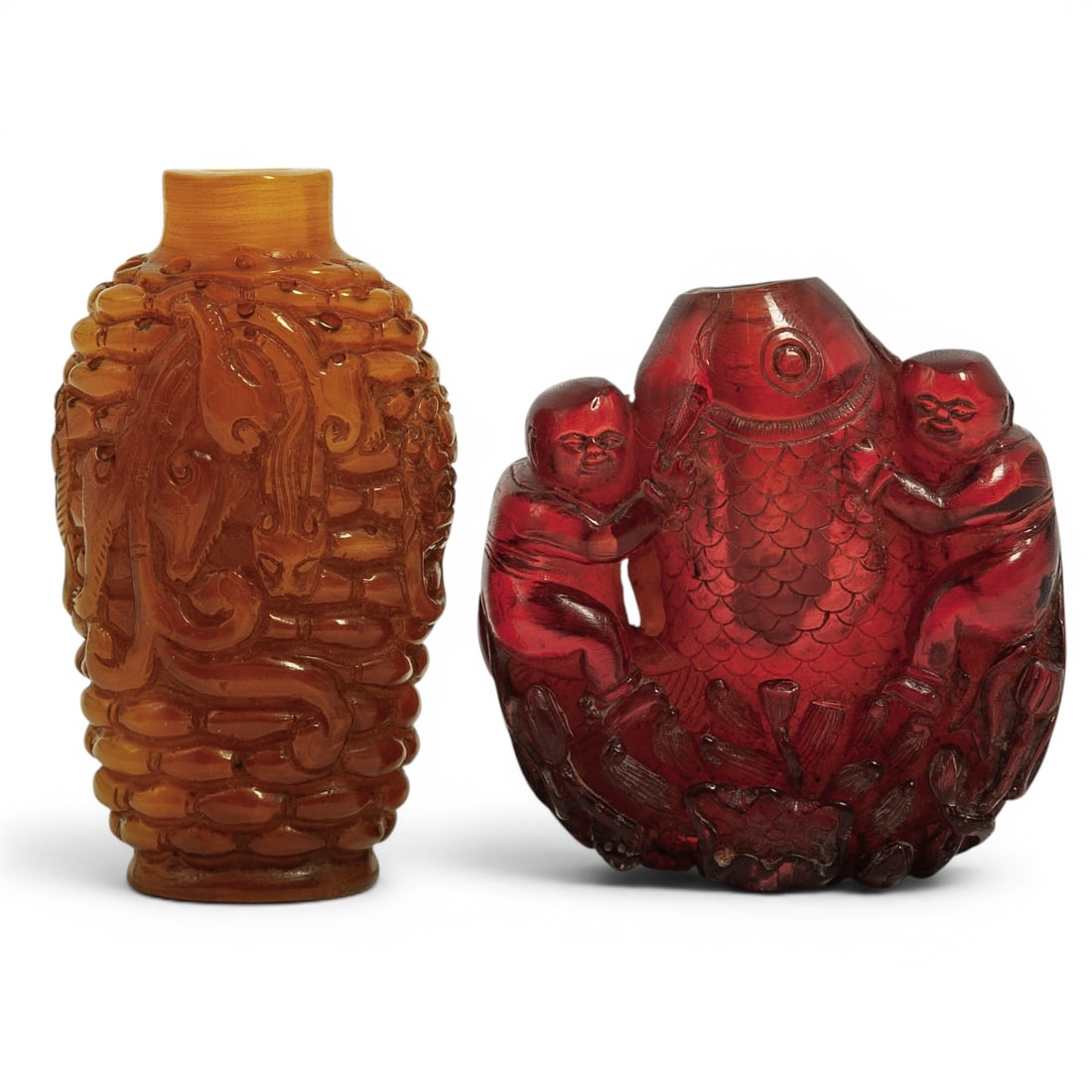 (2 pcs) Chinese Carved Amber Resin Snuff Bottles (1 of 5)