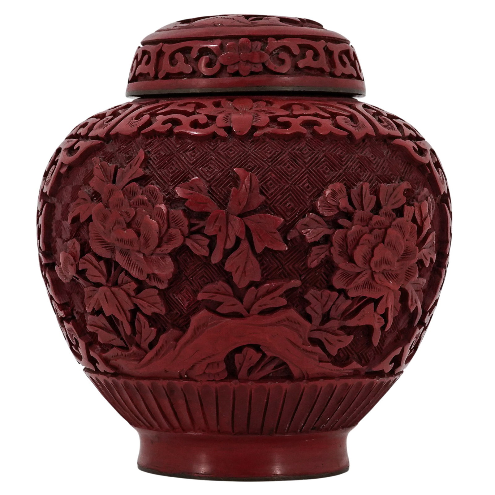 Antique Chinese Red Cinnabar Lacquer Ginger Jar: Antique Chinese Red Cinnabar Lacquer Ginger Jar Early - Mid 20th Cent, China Chinese red cinnabar lacquer ginger jar of traditional baluster form with matching fitted lid. The exterior is intricately 