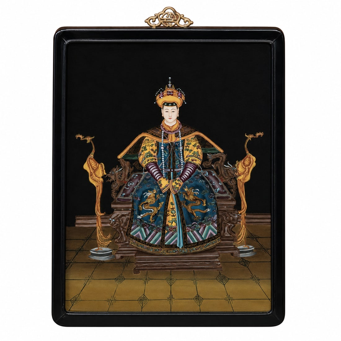 Chinese Republic Period Empress Ancestral Reverse Glass Painting: Chinese Republic Period Empress Ancestral Reverse Glass Painting 20th Century, China Chinese Republic Period reverse glass painting depicting an empress seated upon an elaborate throne, richly attired