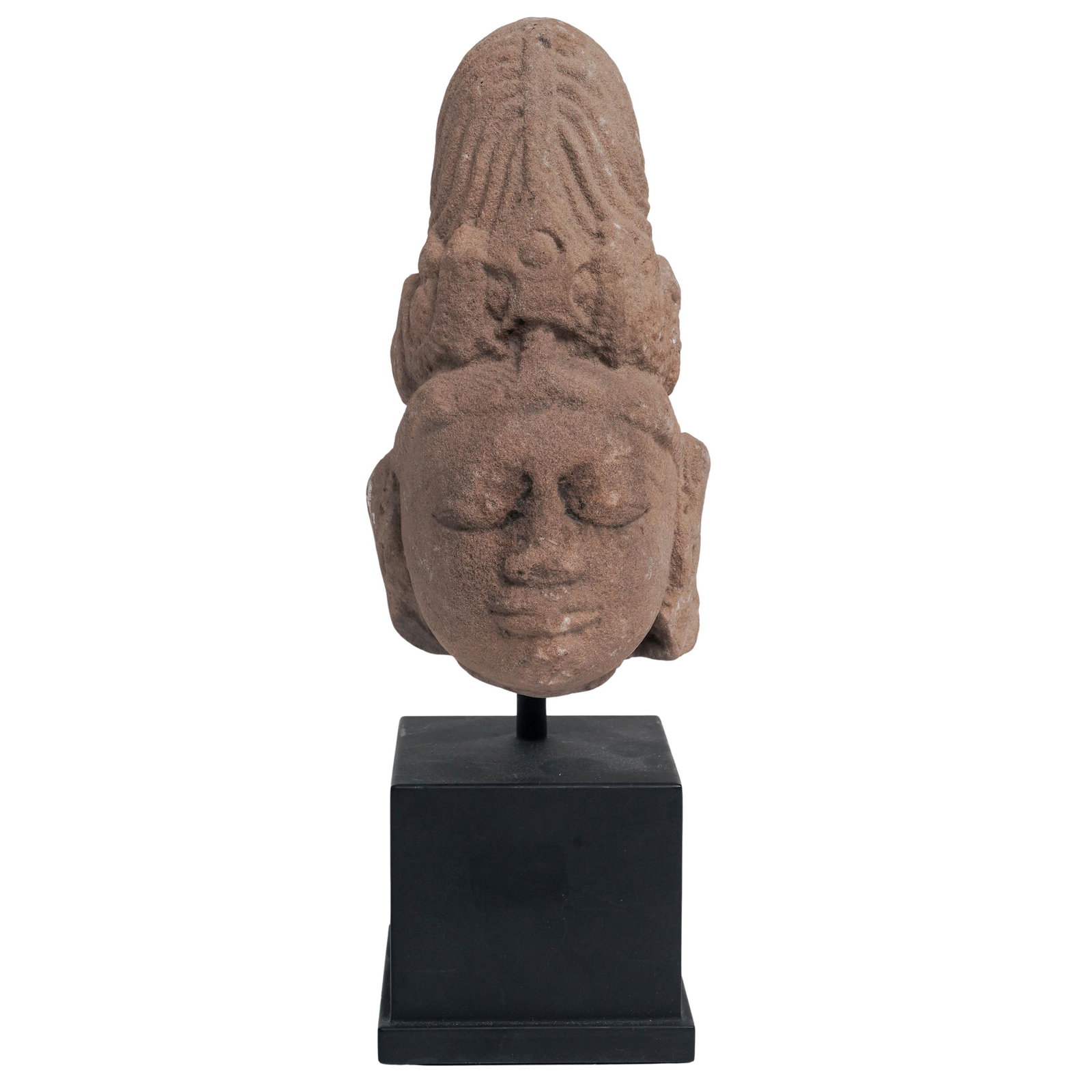 Antique Indian Sandstone Head of Shiva Sculpture: Antique Indian Sandstone Head of Shiva Sculpture 10th-13th Century, India Carved sandstone head depicting the Hindu deity Shiva with serene facial features and an elaborate headdress, mounted on a mod