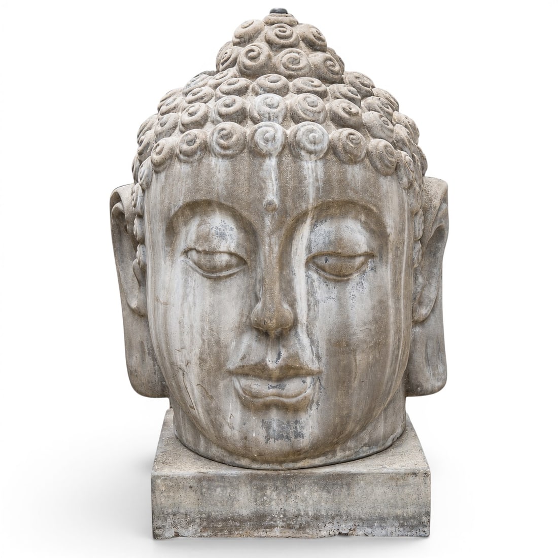 Large Stone Buddha Head Garden Fountain: Large Stone Buddha Head Garden Fountain 20th century A large stone Buddha head garden fountain. H approx. 41"-42" x W 30"-31" x Depth 28" x Base W 21" x Base depth 21.75"