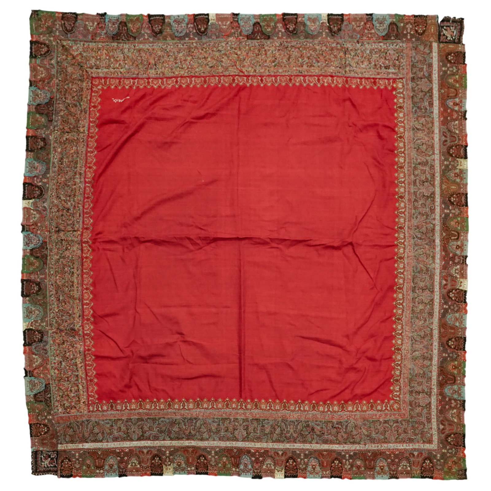 Antique Embroidered Kashmiri Paisley Wool Shawl: Antique Embroidered Kashmiri Paisley Wool Shawl 19th Century, India Antique Kashmiri wool shawl featuring a crimson field framed by an exceptionally intricate woven paisley and floral border in the tr