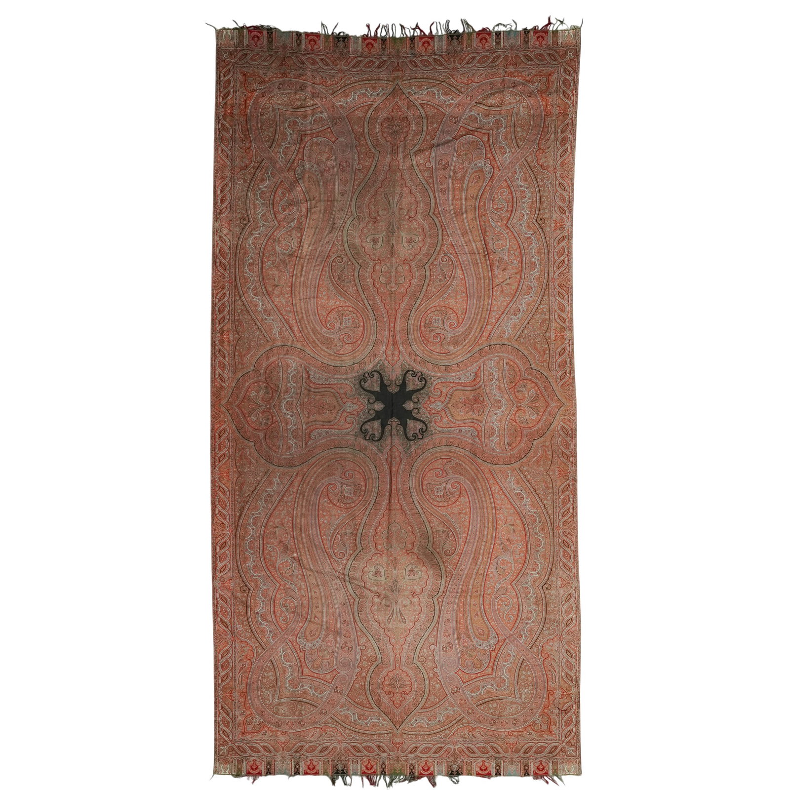 Antique Kashmiri Kani Long Paisley Shawl: Antique Kashmiri Kani Long Paisley Shawl Mid-19th Century, India Antique Kashmiri Kani long shawl showcasing a mirrored arrangement of boteh (paisley) motifs radiating from a black central medallion. 