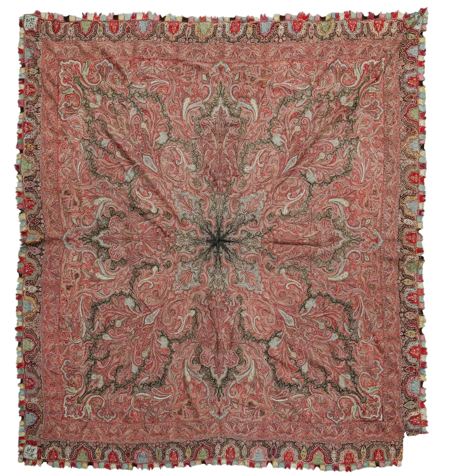 Antique Kashmiri Kani Shawl with Radial Paisley Medallion: Antique Kashmiri Kani Shawl with Radial Paisley Medallion Mid-19th Century, India Antique Kashmiri Kani shawl featuring an elaborate radial composition of densely woven boteh (paisley) and scrolling