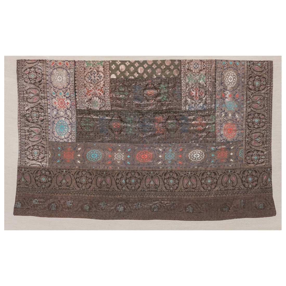 Indian Silver Thread Embroidered Patchwork Silk Textile (1 of 7)