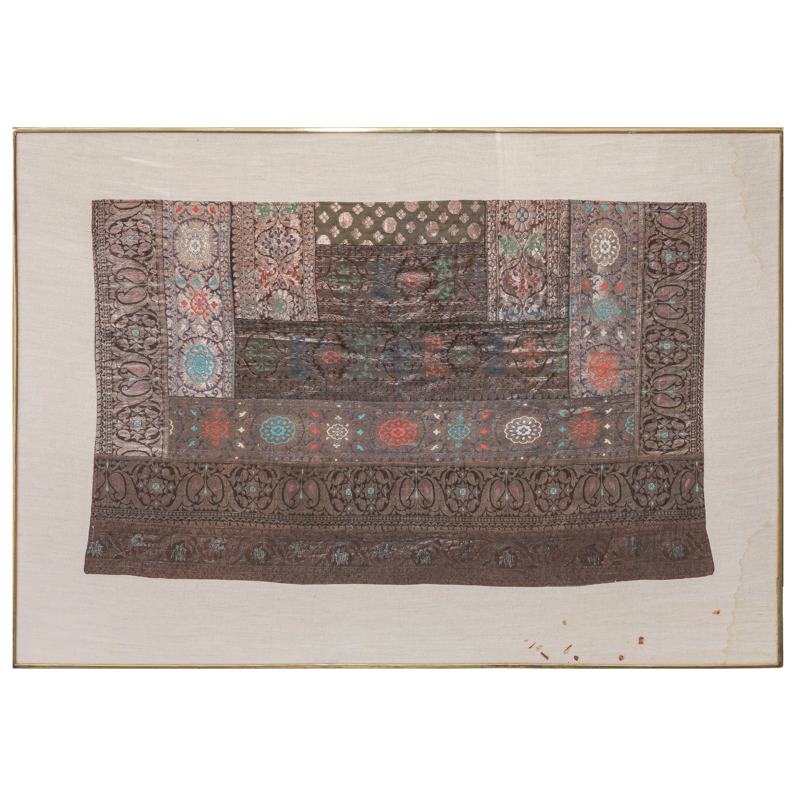 Indian Silver Thread Embroidered Patchwork Silk Textile - 2